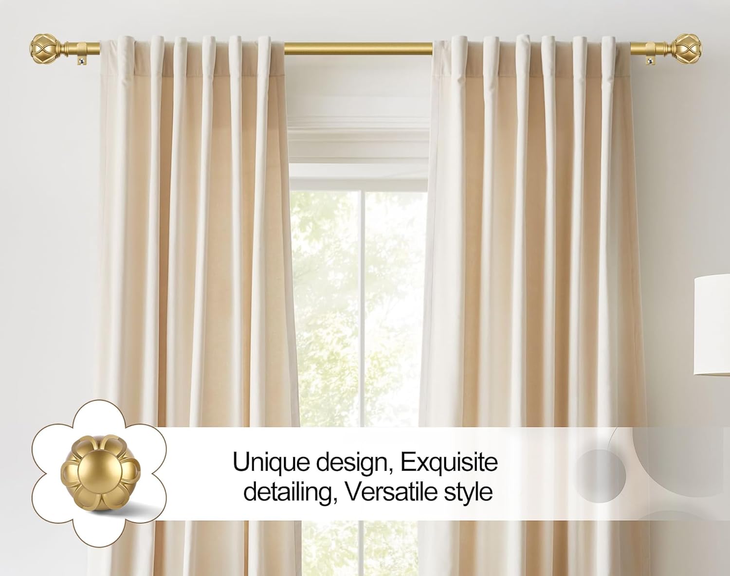 KAMANINA Curtain Rods for Windows 48 to 84 Inch, Gold Heavy Duty Curtain Rod Adjustable, 7/8 Inch Single Decorative Drapery Rod 32 to 86 Inch(2.6-7.1Ft), Netted Texture End