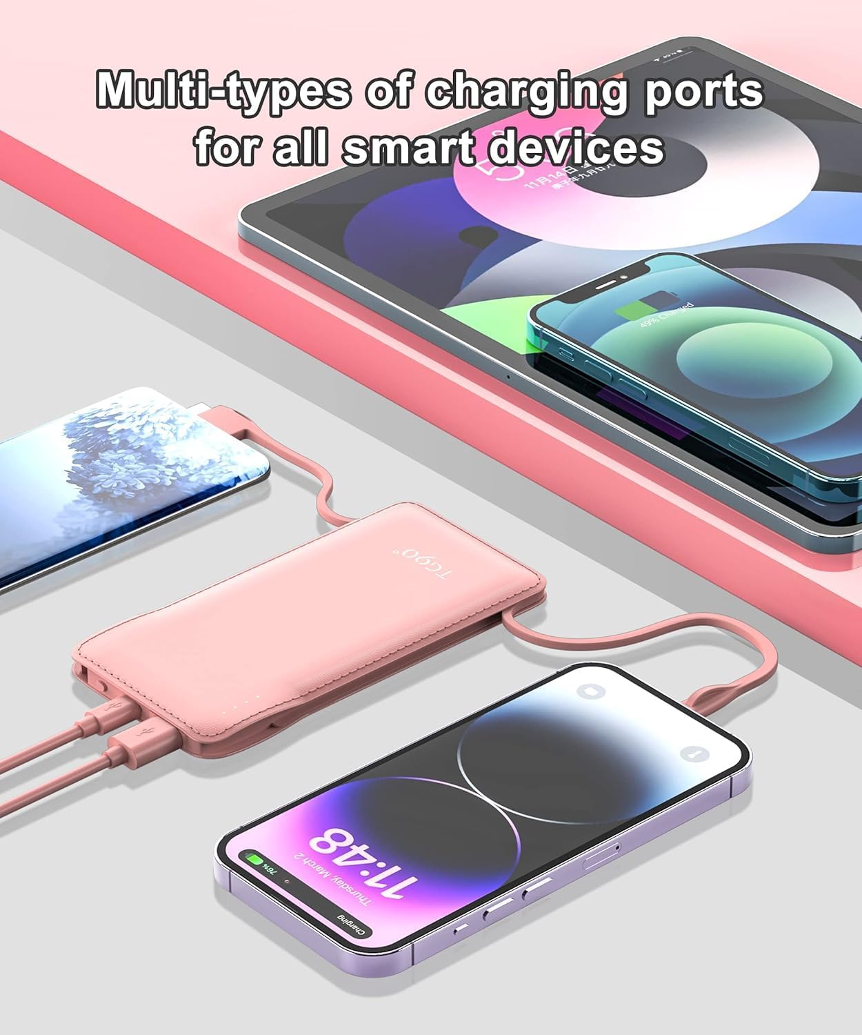 TG90° 10000mah Portable Charger Power Bank with Built-in Cables,Travel Essentials Battery Pack with Cords Portable Phone Charger Compatible with iPhone and Android Smart Devices