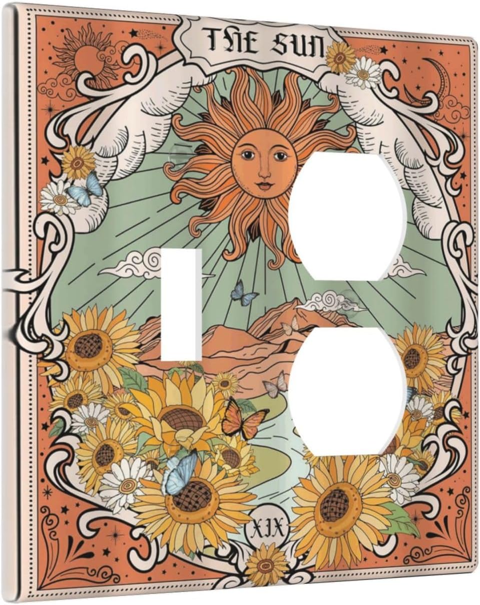 Boho Retro Sun Sunflower Vintage Flower Butterfly Wallplates 1 Toggle 1 Duplex Switch Plate Electrical GFCI Faceplate Decorative Light Switch Covers for Farmhouse Home Decor