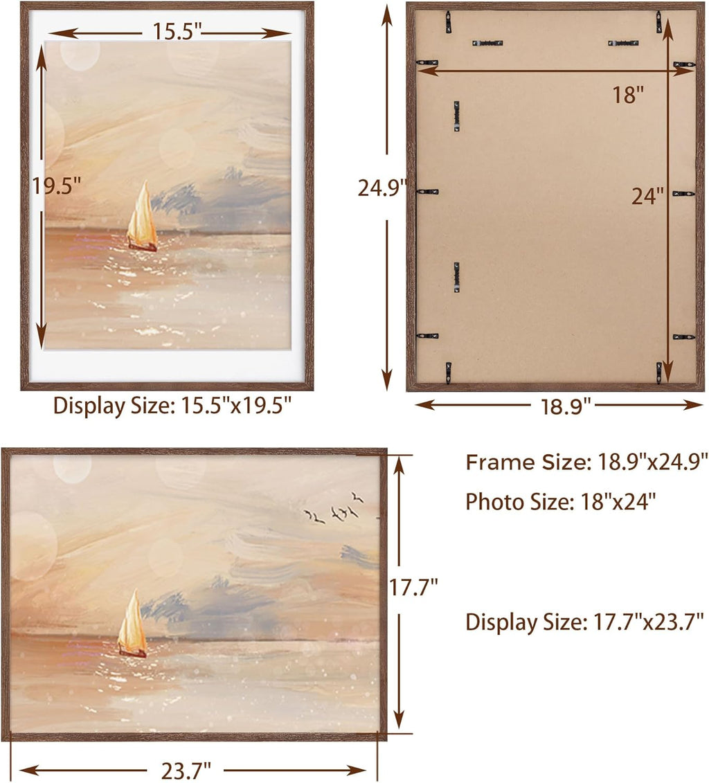 Fun Memories 18x24 Poster Frame, Solid Oak Wood 18 by 24 Picture Frame Set of 2, 18x24 Wood Frames with Tempered Glass, 18 x 24 Frame with Mat for 16 x 20, Large Wooden Art Frame, Walnut Color