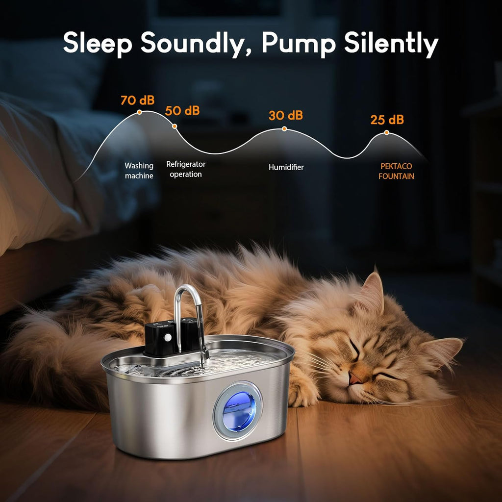 Wireless Cat Water Fountain Stainless Steel:108oz/3.2L Battery Operated Cat Fountains for Drinking Indoor, Automatic Pet Water Dispenser with Motion Sensor,Ultra Quiet Pump,Multi-Filtration(2 Filters)