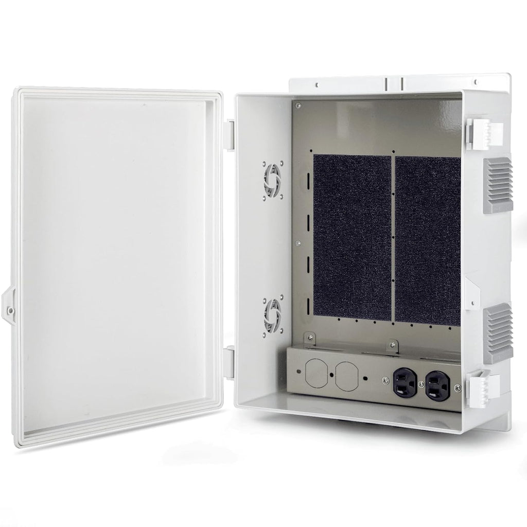 Outdoor Electrical Junction Box with High Power Outlet, 16" H* 12" L* 5.9" W, ABS Water Resistant Enclosure with Internal Mounting Panel & Hinged Cover.