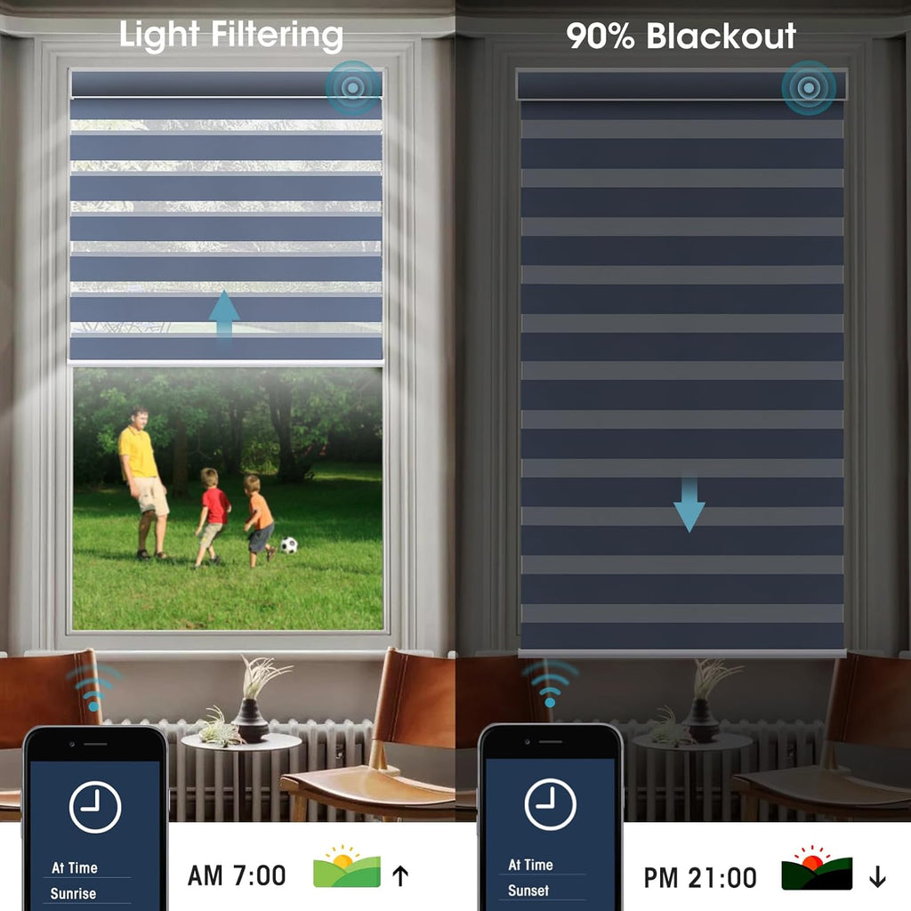 SmartWings Motorized Zebra Shades with Valance Work with Homekit Thread Alexa Z-Wave Smart Dual Layer Shades with Remote Control, Automatic Horizontal Window Blind, 90% Blackout 95mm Astrid Blue