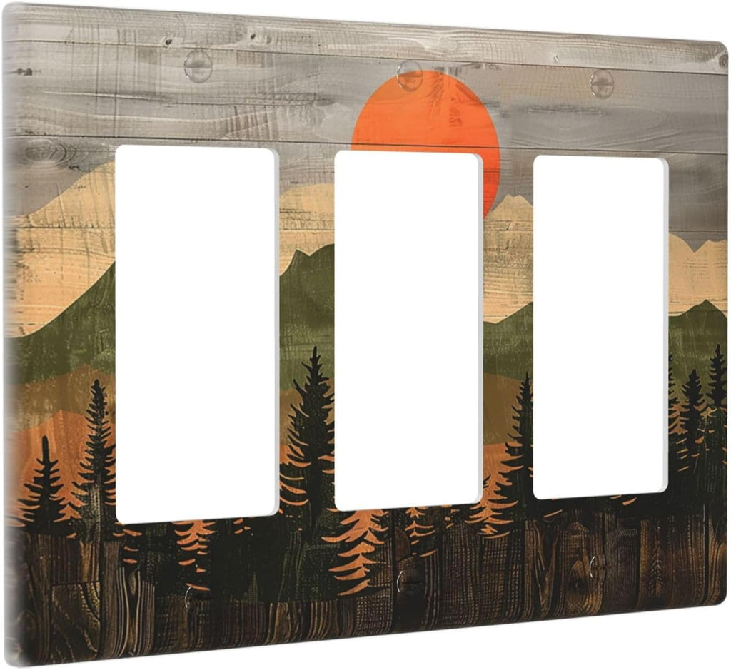 Light Switch Covers Vintage Wood Grain Sun Forest Mountains 3 Gang Rocker Electrical GFCI Decorative Triple Outlet Wall Plate Cover Switchplate for Farmhouse Cabin Decor