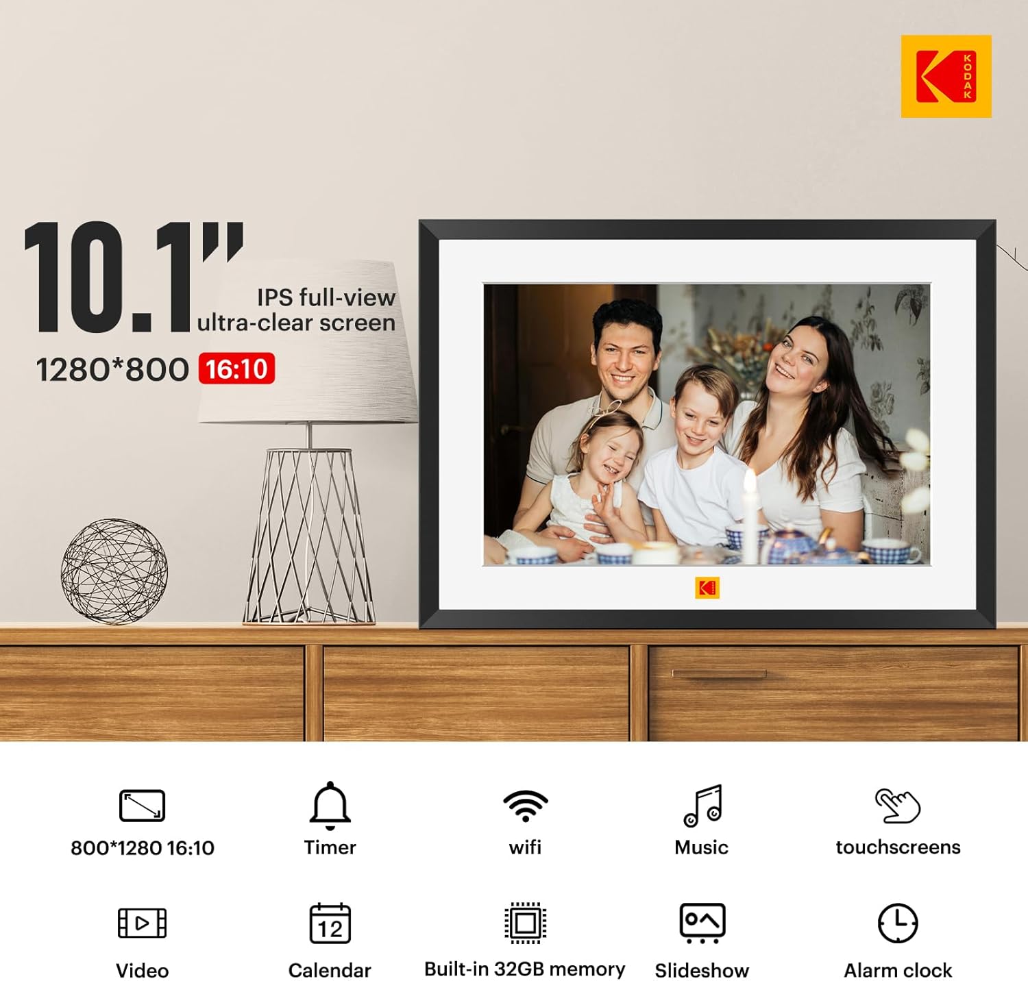 KODAK 10.1 Inch WiFi Digital Picture Frame,1280x800 HD IPS Touch Screen, Electronic Smart Photo Frame with 32 GB Memory, Auto-Rotate, Instantly Share Photos/Videos Anywhere