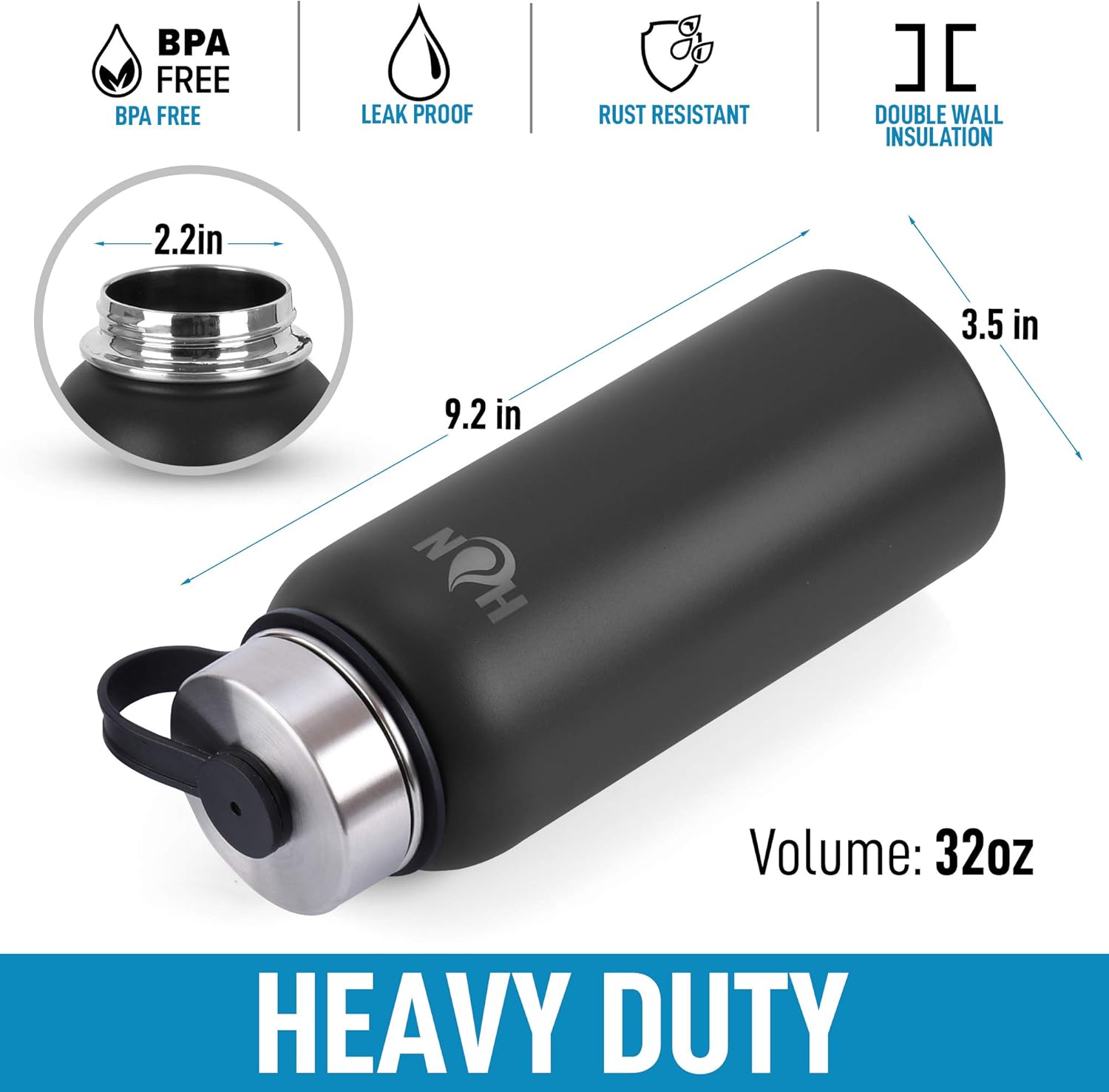 Hydration Nation 3 Lid Multi-Size Vacuum Insulated Water Bottles with Straw - Metal Water Bottle For Sports & Outdoor - Thermo Stainless Steel Water Bottle - Perfect for Hot & Cold Drinks (Black)