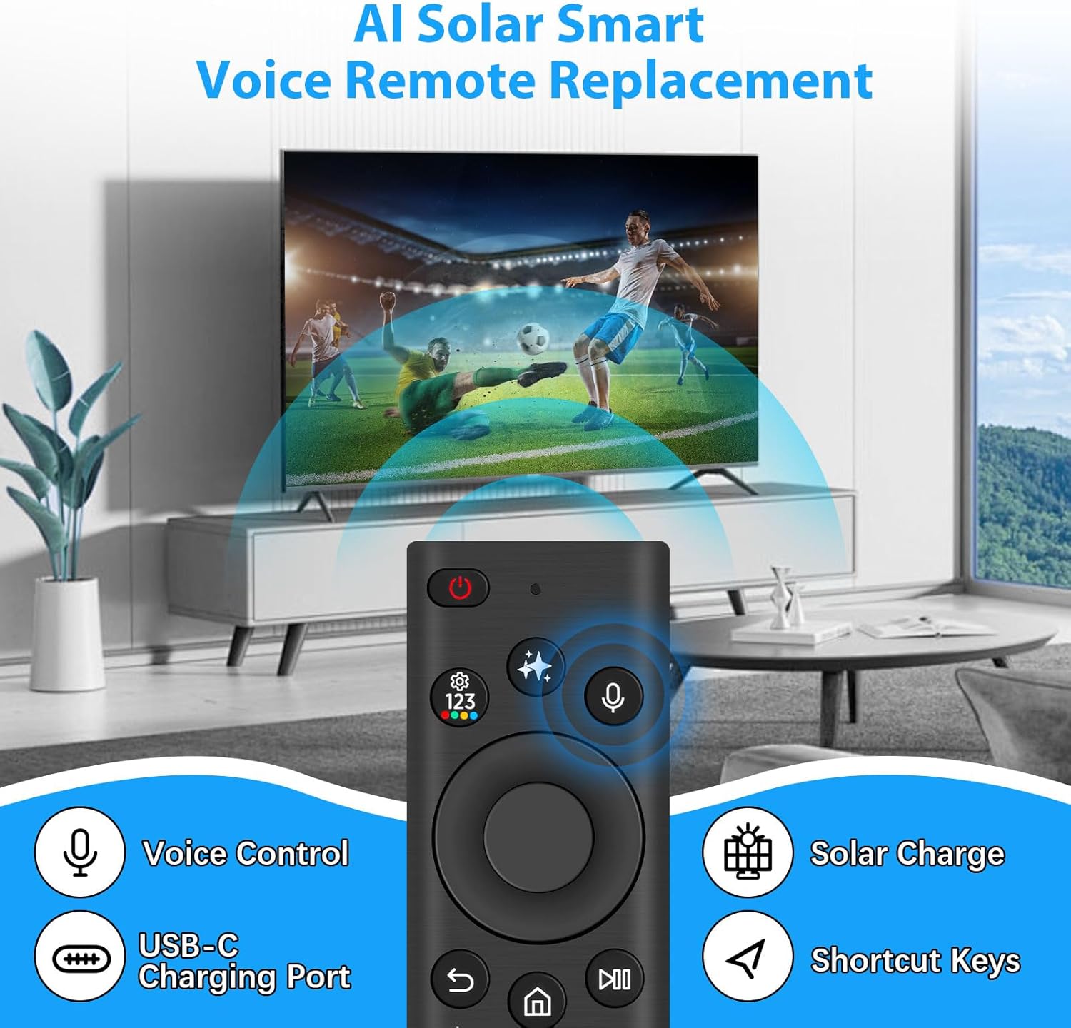 AI Solar Voice Remote Compatible with Samsung Smart TVs 2018–2025, Bluetooth Rechargeable Remote with Solar Charging, USB-C Port, Smart Assistant Control & App Shortcut Buttons