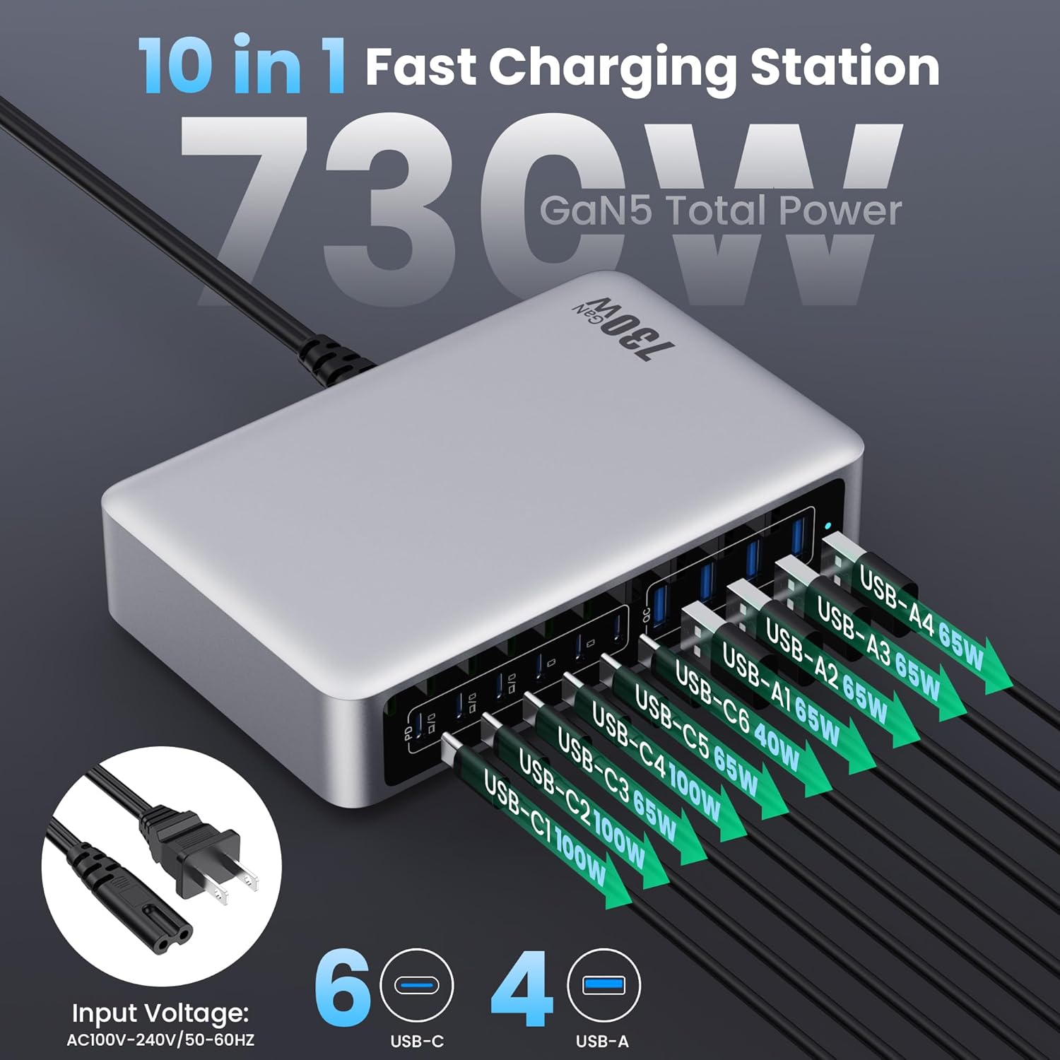 730W USB C Charger Block,GaN IV Fast Charging Station Hub 10 Ports,QC4.0+3 PD 100W USB C Laptop Charger Ports Power Adapter Compatible with MacBook Air/Pro,DELL,iPhone 17/16/15/14/13,iPad,Steam Deck