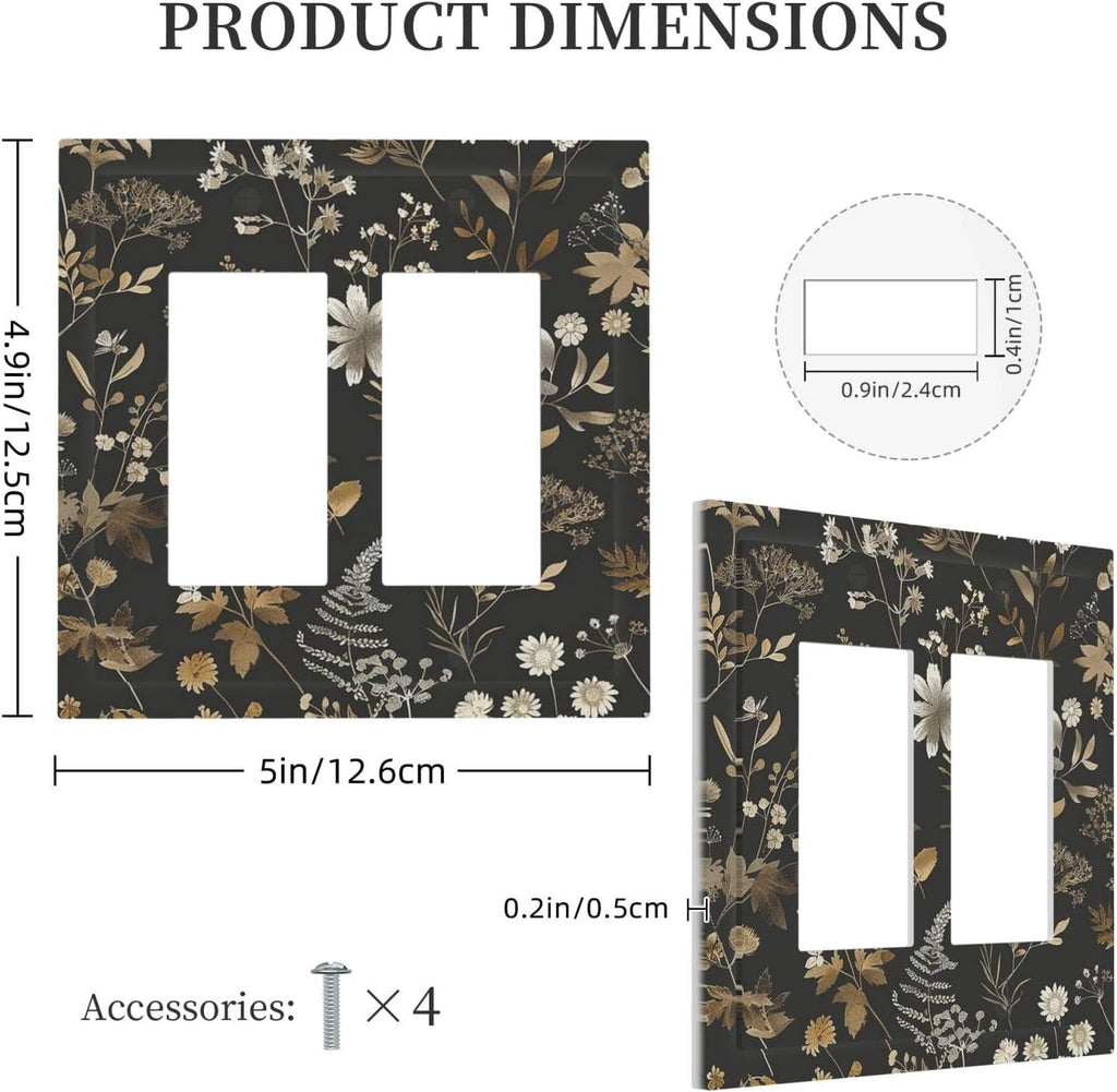 Decorative Outlet Covers Black Gold Floral Dark Leaves Vintage Flowers 2 Gang Double GFCI Rocker Electrical Wall Panels Light Switch Cover Plate for Bed Room Home Decor