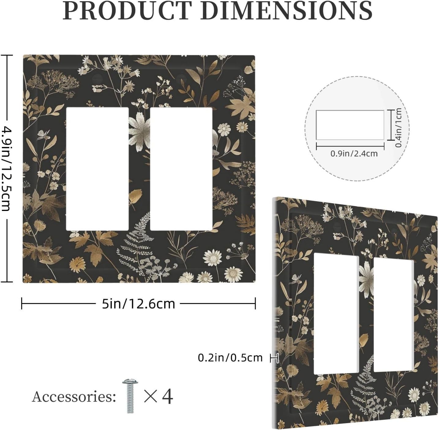 Decorative Outlet Covers Black Gold Floral Dark Leaves Vintage Flowers 2 Gang Double GFCI Rocker Electrical Wall Panels Light Switch Cover Plate for Bed Room Home Decor