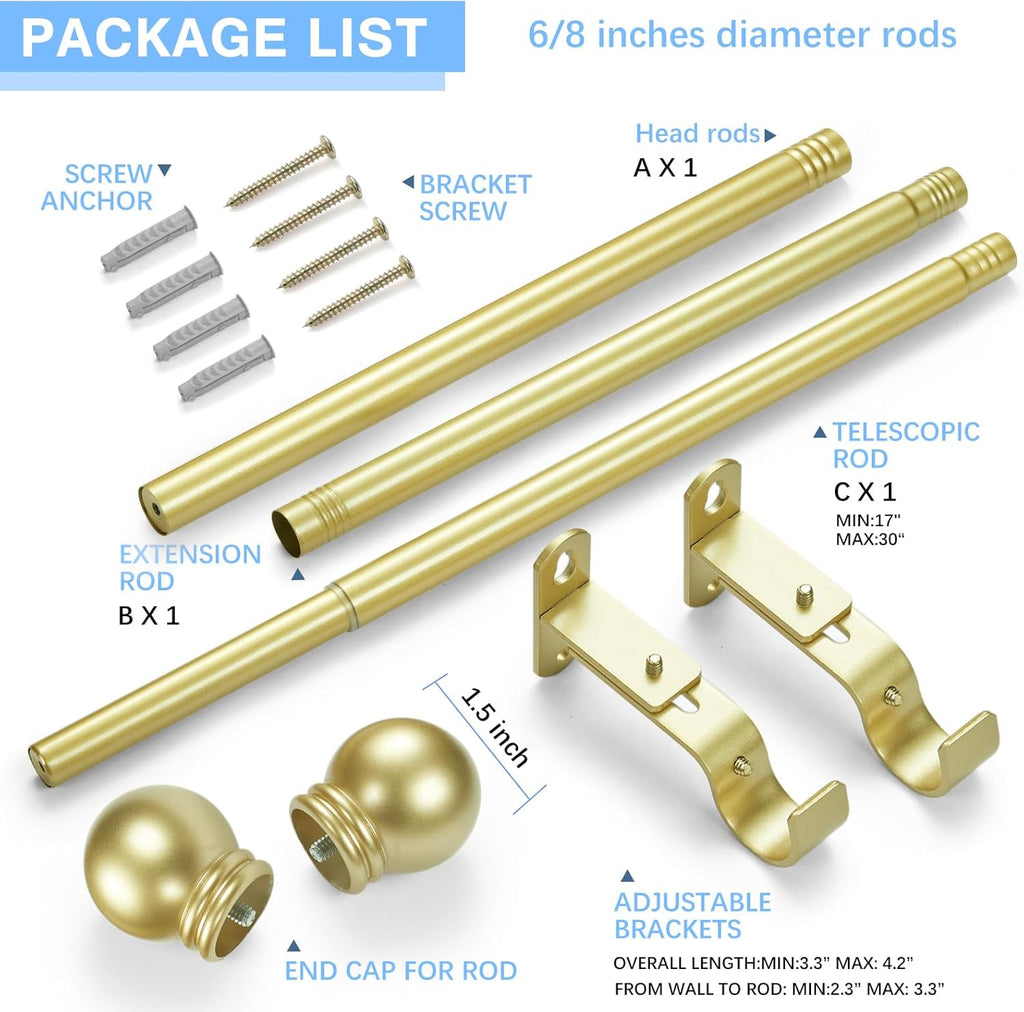 Curtain Rods for Windows 16 to 48 Inches, Curtain Rod Max Adjustable Length of 60 IN, 6/8" Diameter Drapery Rods Round Finials, Warm Gold, Pack of 1