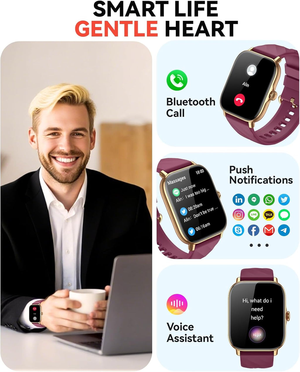 Smart Watches Fitness Tracker for Men Women with Step Counter, Sleep /Calorie Monitor, Pedometer, IP68 Waterproof, 120+ Sports for iPhone Android, 1.91” Touchscreen Smartwatch (Casual, Wine-red, 1.91)