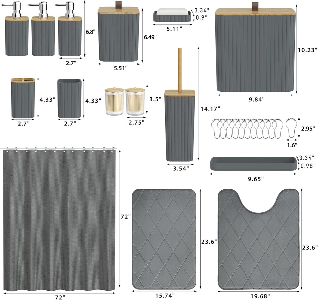 Bathroom Accessory Set - Grey Bathroom Set, 27PC Bathroom Accessories Set, Bathroom Sets with Shower Curtain and Rugs, Mini Trash Can, Toilet Brush, Trash Can & Soap Dispenser