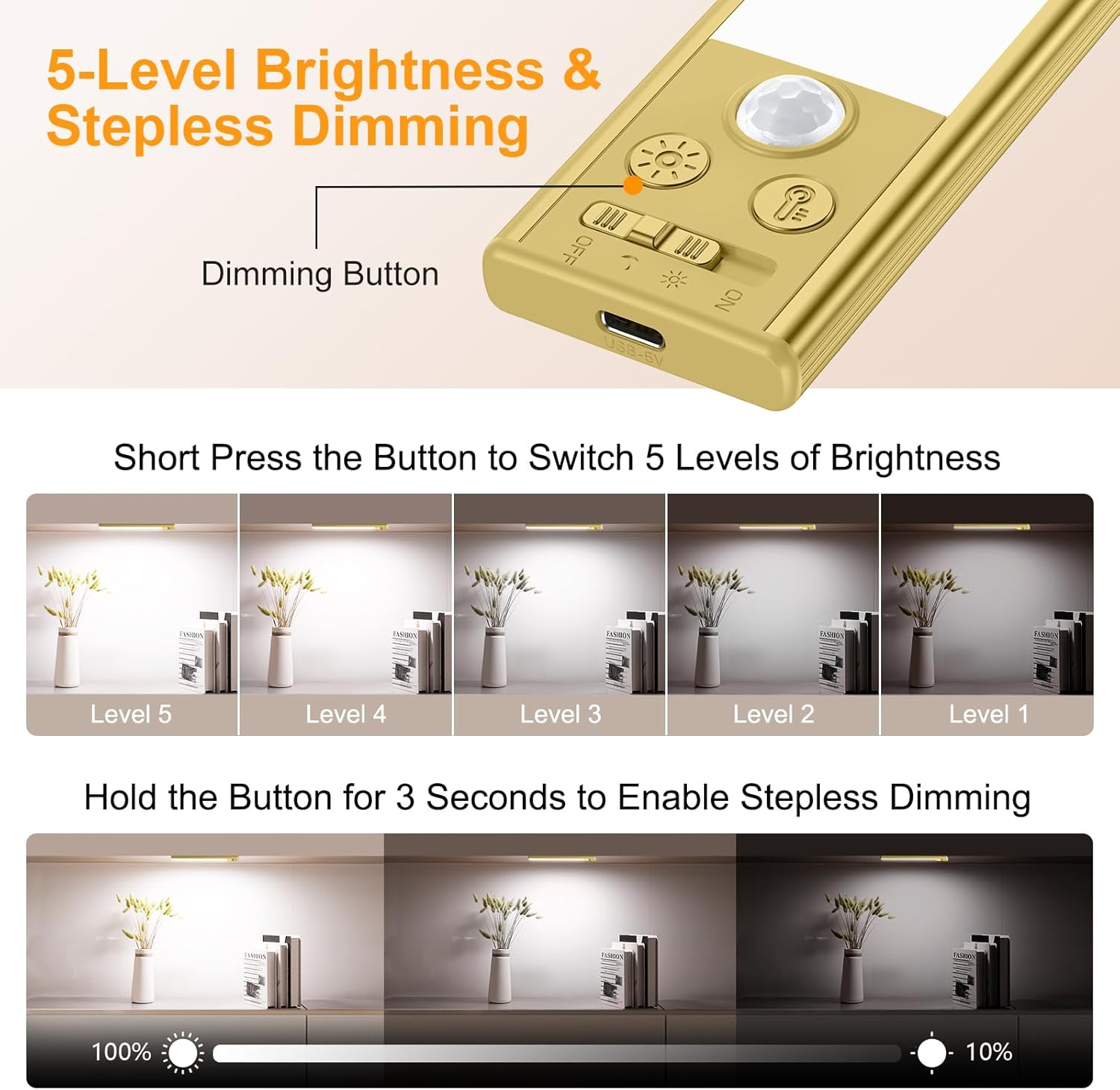 Gritin 10.2inch Under Cabinet Lighting Rechargeable -84 LED Super Bright,3-Color& 5 Level Brightness,4 Modes,Motion Sensor, Long Lasting- Easy Installation Magnetic Closet Lights -2 Pack-Gold