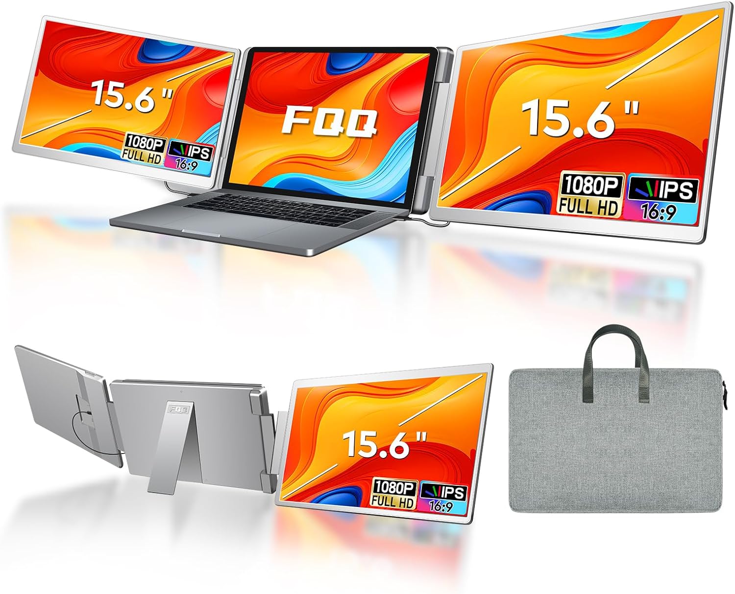 15.6" Laptop Screen Extender, Left Screen 360° Flip Triple Screen Monitor Extender, FHD 1080P IPS Portable Travel Monitor Display, fit for 12–18.5" Laptops, Compatible with Windows and MacBook-S10