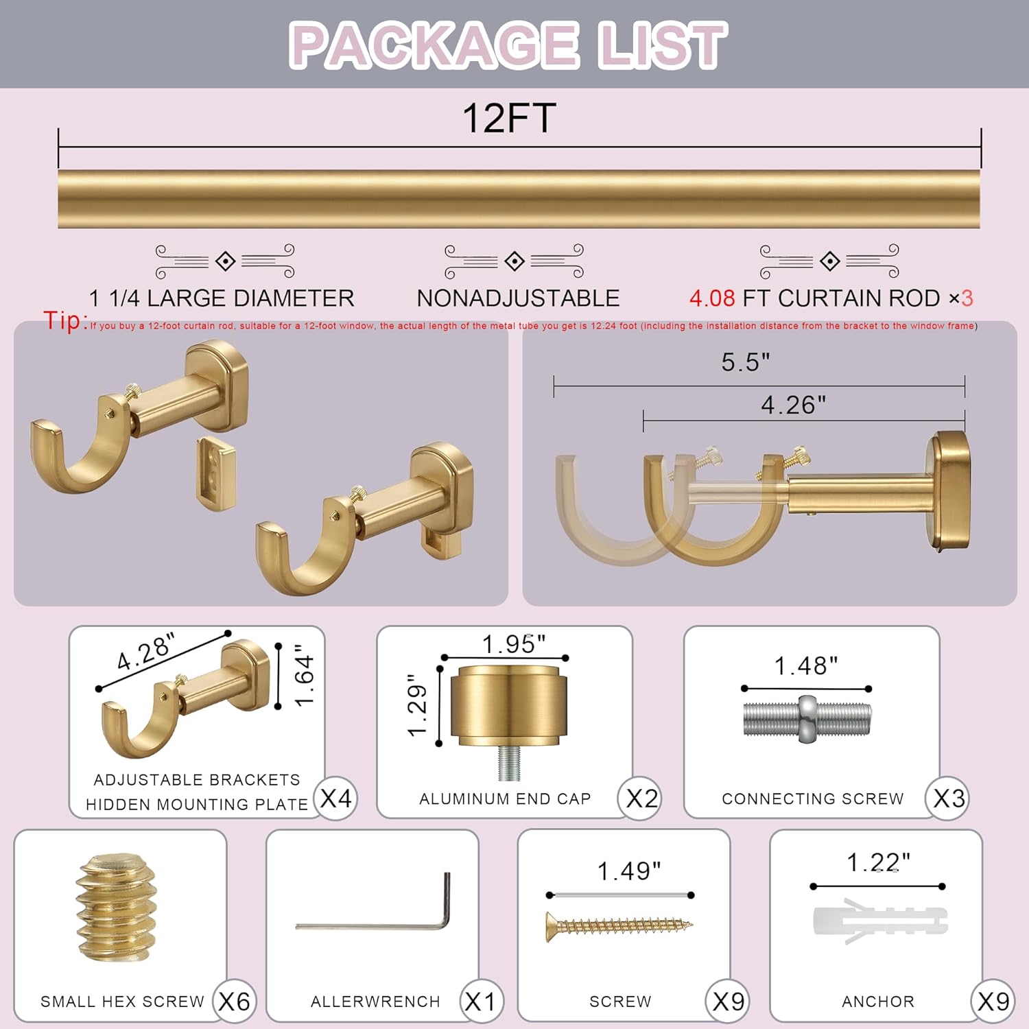 Heavy Duty Curtain Rods,1 1/4" Large Diameter Premium Nonadjustable Curtain Rod,144in/12ft Custom Window Treatment Rods with Durable Aluminum Brackets and End Caps,Gold Finish