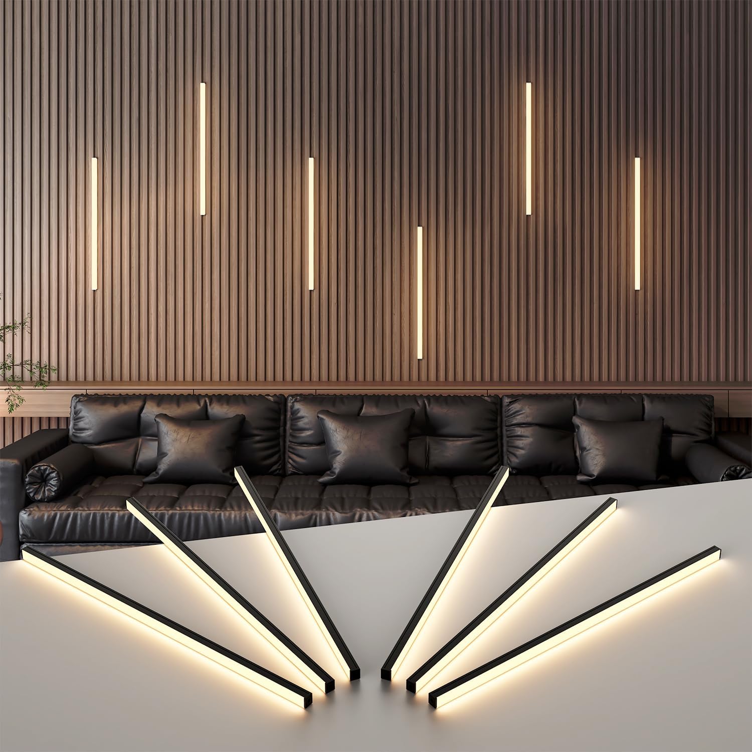 Wall Led Lights - GloryAir 6pcs Black 3000K Warm White Led Panel Light Strips, Self-Adhesive Dimmable Touch Switch Wall Slat Lights for Wood Slat, Fluted Panel, Bedroom Headboard