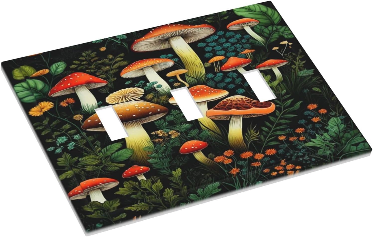 Decorative Light Switch Plate Covers Boho Red Mushroom Green Leaf Plants Floral 3 Gang Wall Plate Switch Cover Plate Triple Toggle Jumbo Electrical Faceplate for Bedroom Home Decor
