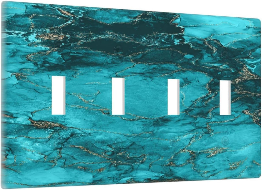 Decorative Light Switch Plate Covers Modern Abstract Turquoise Blue Marble Texture 4 Gang Artistic Wall Plate Unique Quad Toggle Light Switch Covers for Bathroom Home Decor