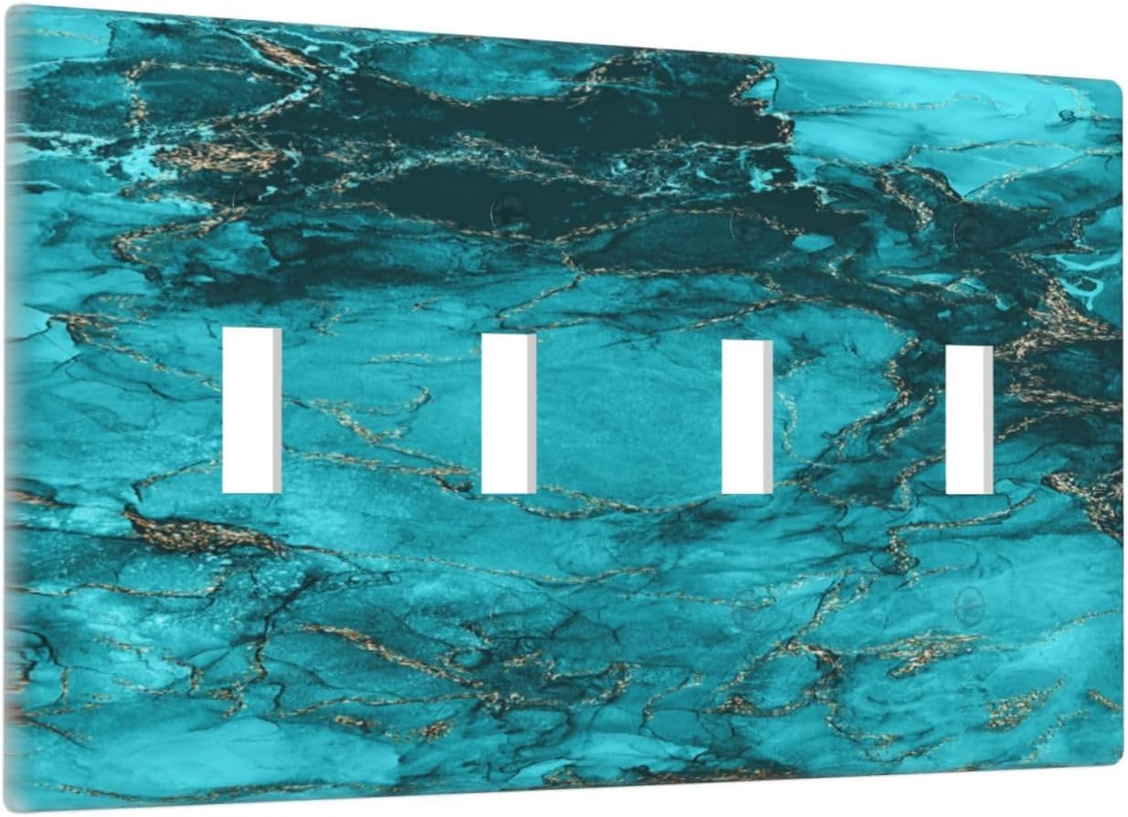 Decorative Light Switch Plate Covers Modern Abstract Turquoise Blue Marble Texture 4 Gang Artistic Wall Plate Unique Quad Toggle Light Switch Covers for Bathroom Home Decor