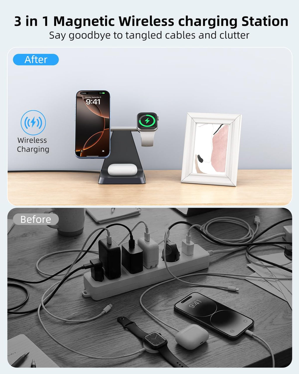 Charging Station for Multiple Devices Apple: 3 in 1 Magnetic Wireless Charger Stand for MagSafe-Compatible Nightstand Charging Dock for iPhone 17 16 15 14 13 12 Pro Max Plus Apple Watch Airpods