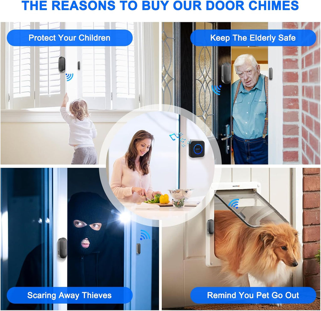 Door Chime SanJie Wireless Door Sensor for Business Home Office When Entering with 800Ft Range 55 Chimes 5 Volume Levels Adjustable Number Display (2 Receiver & 2 Sensor)