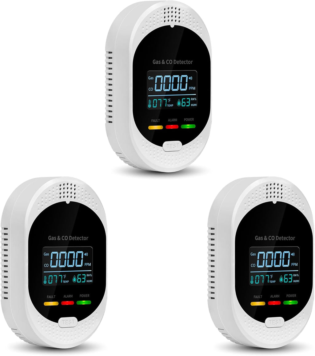 3PCS 4-in-1 Carbon Monoxide & Natural Gas Detectors with Temperature/Humidity LCD Display, Plug in Co Leak Detector Propane Monitor for Home Travel RV Essentials, Sound Alarm Over 85dB