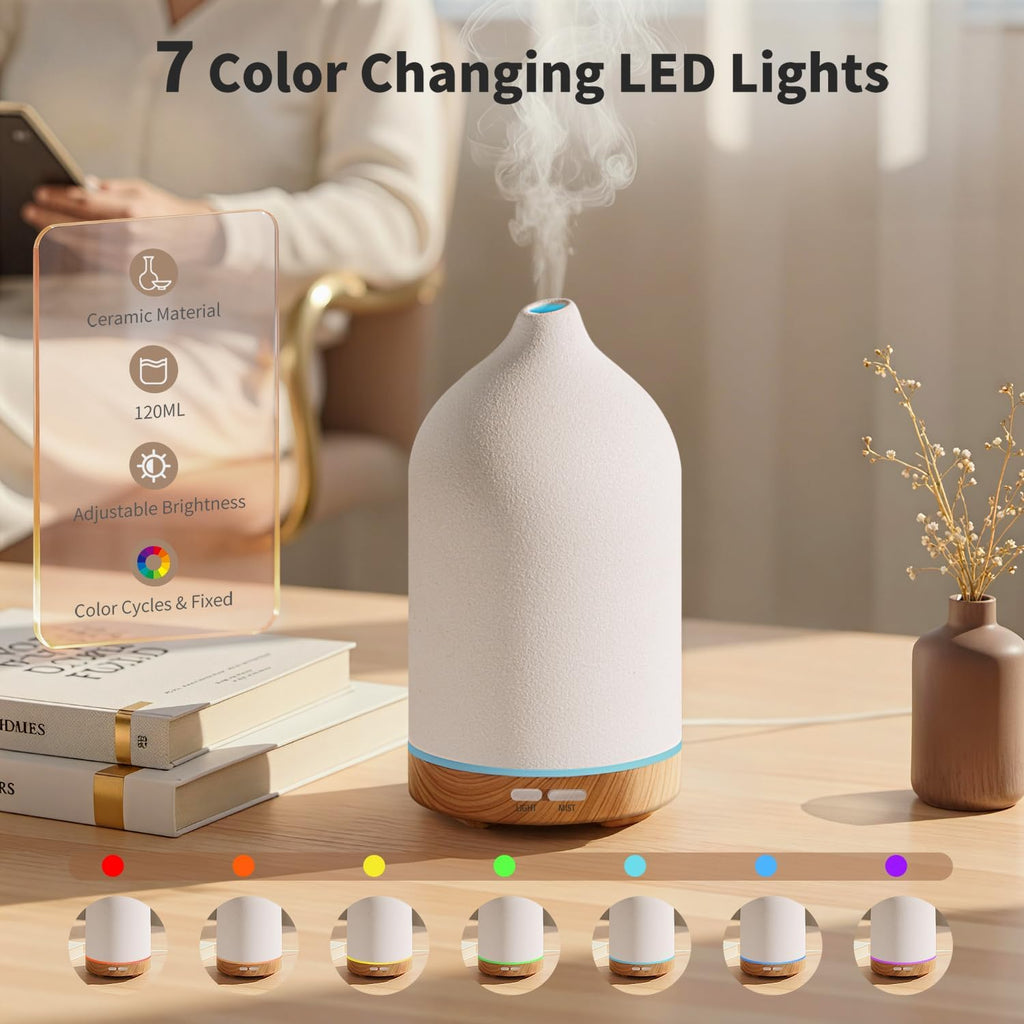 URPOWER 120ML Ceramic Essential Oil Diffuser Ultrasonic Aromatherapy Diffuser with Wood Grain Base, 7-Color LED Lights Auto Shut-Off, Humidifier for Home & Office, Air Diffuser for Relaxation