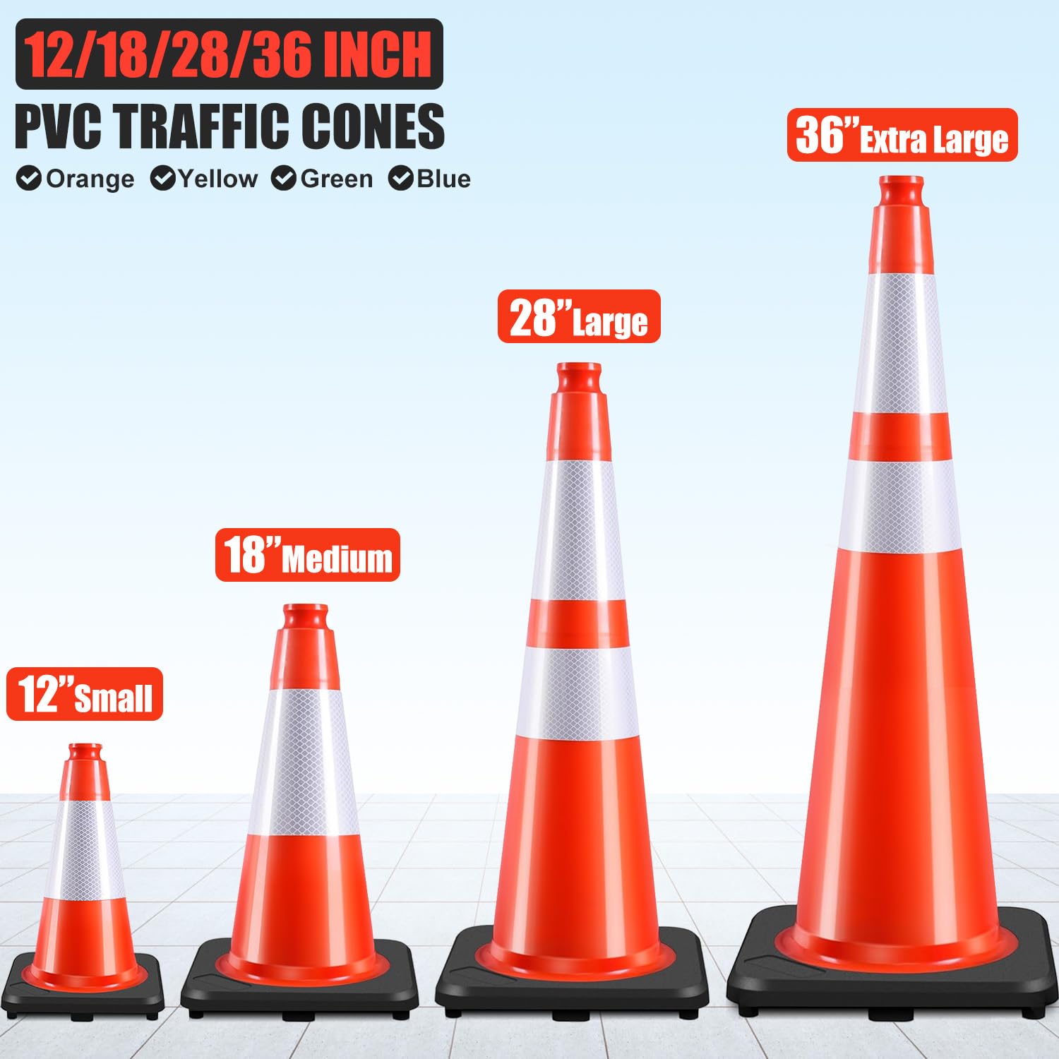 6 Pack 12" Inch Orange PVC Traffic Cones with Heavy-Duty Base, High-Visibility All-Weather Safety Cones for Road Construction, Parking Lot, and Garage Use (6, Orange, 12" Small)