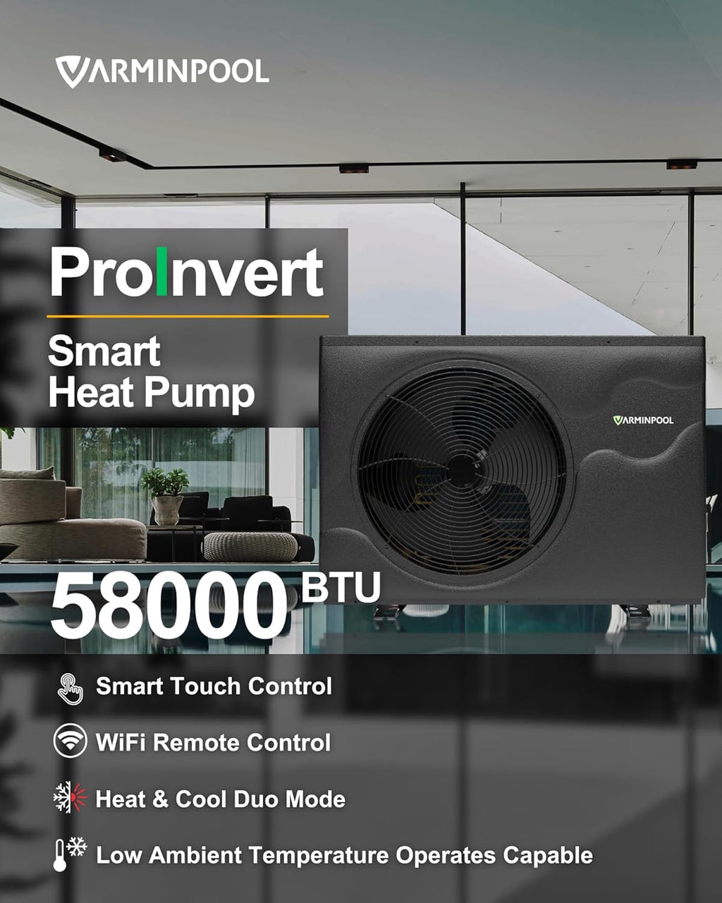 Pro Invert 58000BTU Smart Electric Pool Heater for 18000 Gals Above Ground and Ingroud Pools, Heat Pump with WiFi Capable & Timer Function Controller, Heat&Cool, 220V