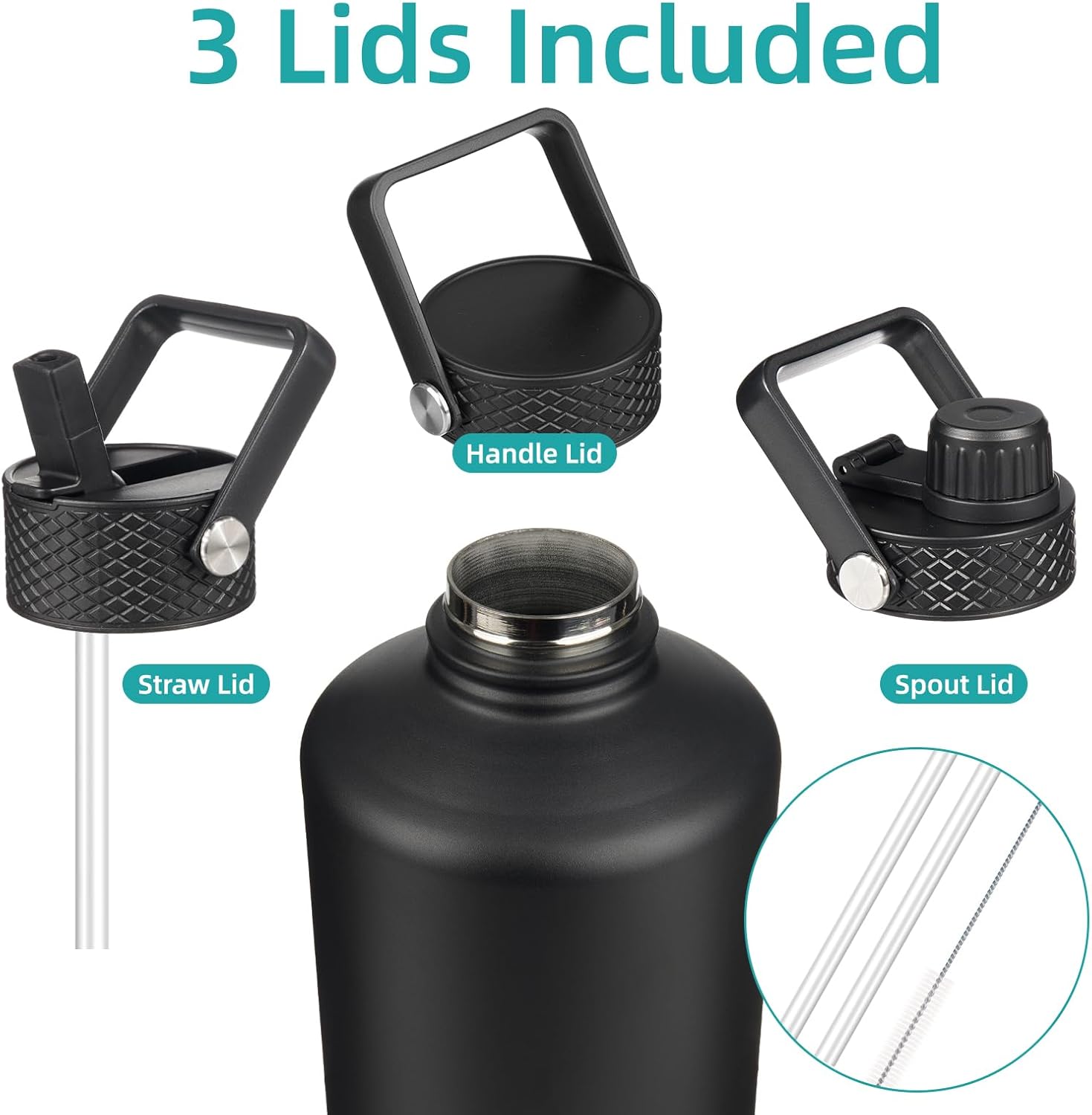 Gallon Insulated Water Bottle with Straw,128 oz 3 Lids Water Jug with Carrying Bag,Paracord Handle, Double Wall Vacuum Stainless Steel Metal Flask,Black