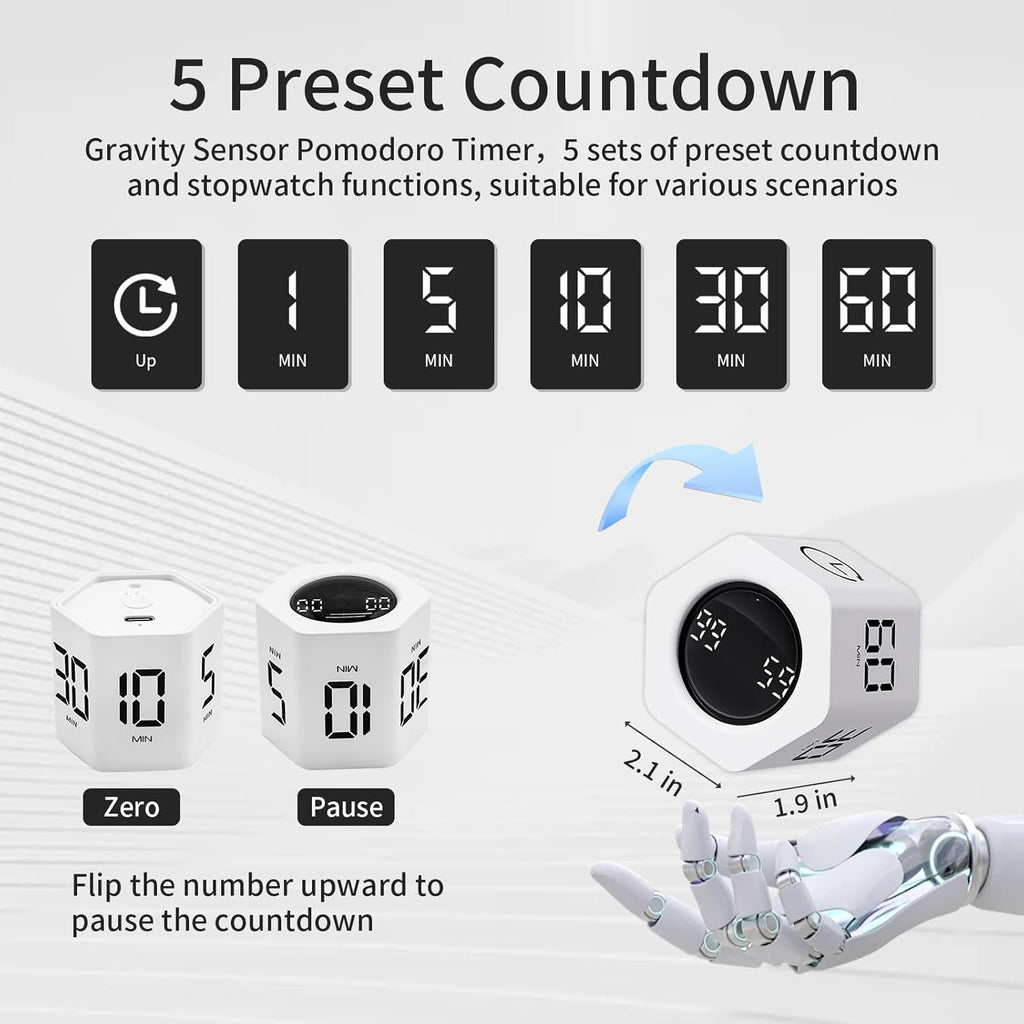 Productivity Timer Flip Gravity Sensor Pomodoro Cube Timer Countdown & Countup,1/5/10/30/60min Preset & Custom Timing, Mute/Vibrate/Sound for ADHD,Work,Study,Kitchen(1, White Hexagon)