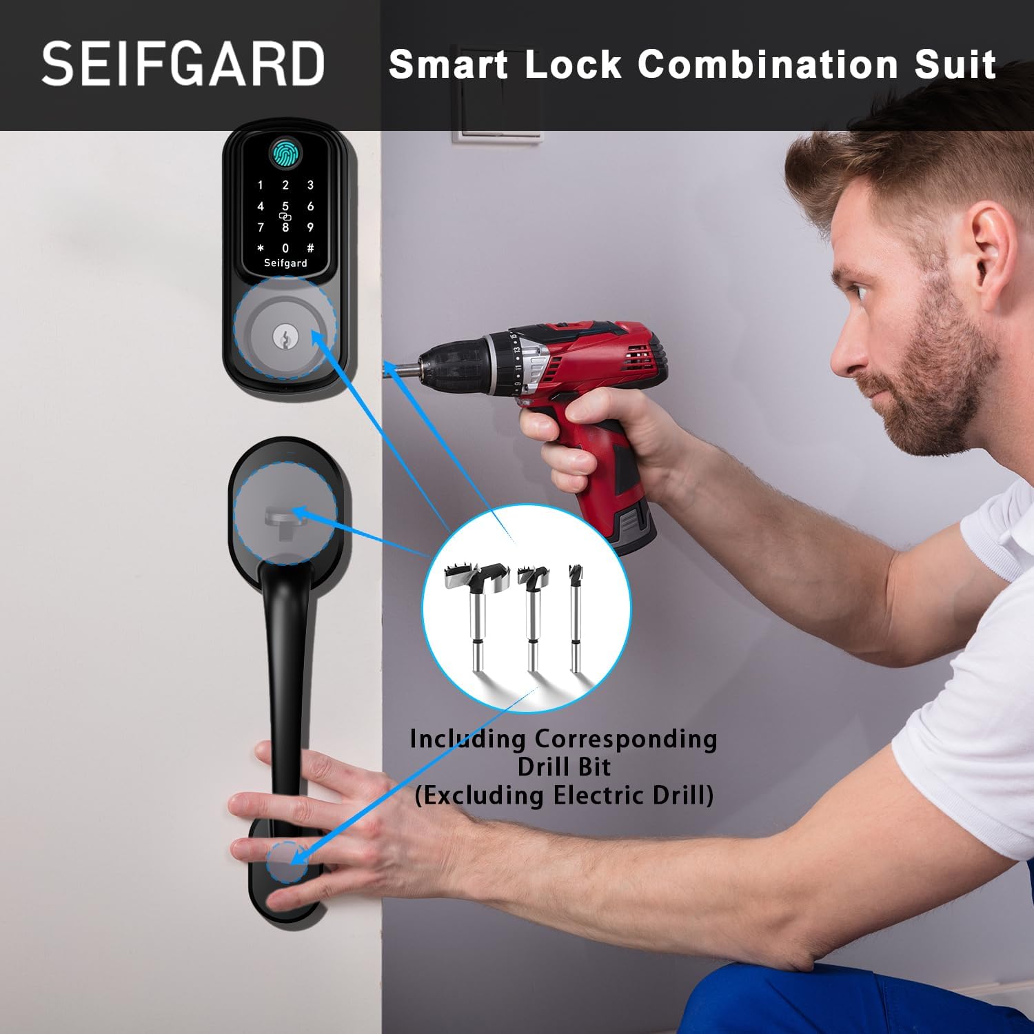 Keyless Entry Door Lock with Handle Set, Smart Door Lock for Front Door with Woodworking Flat Wing Drill, Electronic Keypad Deadbolt Lock, Auto Lock Compatible with Alexa, Black