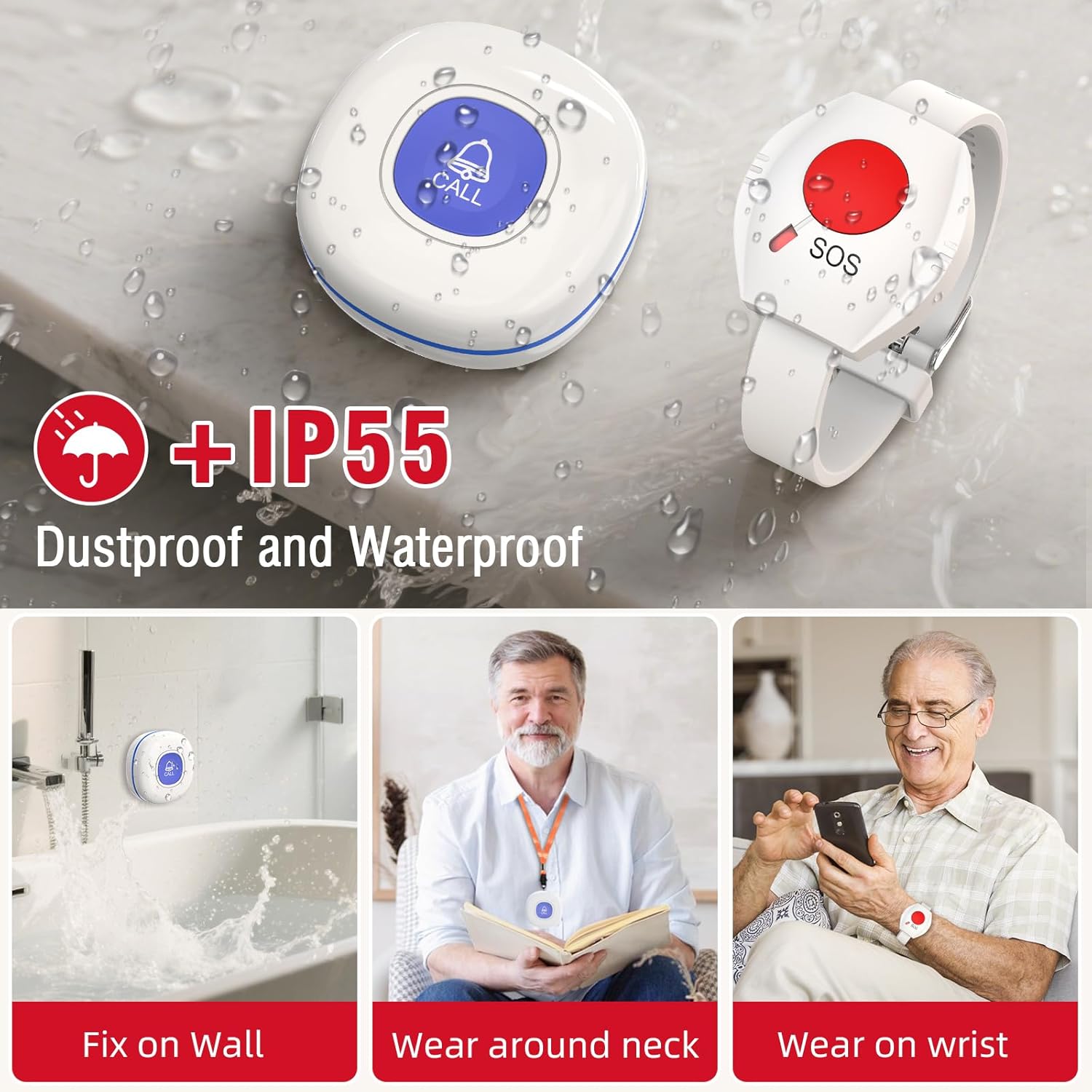 CallToU Caregiver Pager Wireless Call Buttons for Elderly Monitoring Portable Call Bell with 2 Panic Button and 1 USB Receiver,500ft Range Nurse Alert System for Home Care Seniors (FCC Certified)