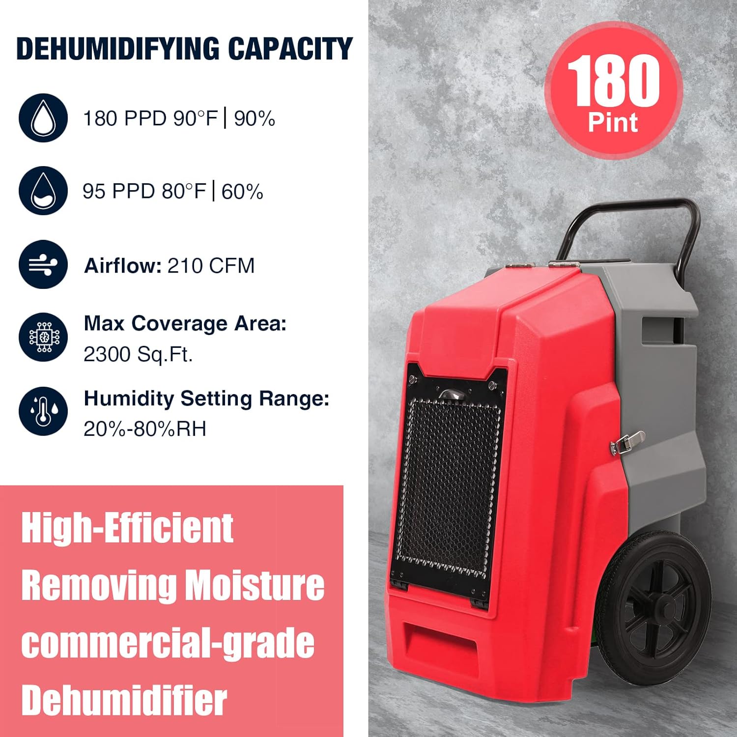 MOUNTO 180Pints LGR Industrial Dehumidifier with Pump and Drain Hose, Portable Commercial Dehumidifier with Wheels for Home, Basements, Garages, and Job Sites (Red)
