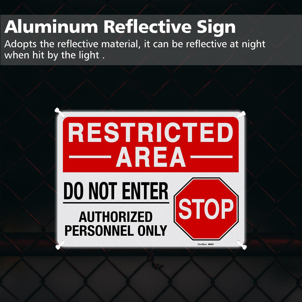 GicnKeuz "Restricted Area - Do Not Enter, Authorized Personnel Only" Metal Signs, 10 x 7 Inches Reflective Aluminum Signs, Fade Resistant/Waterproof, Easy to Install, Outdoor Use (4-Pack)