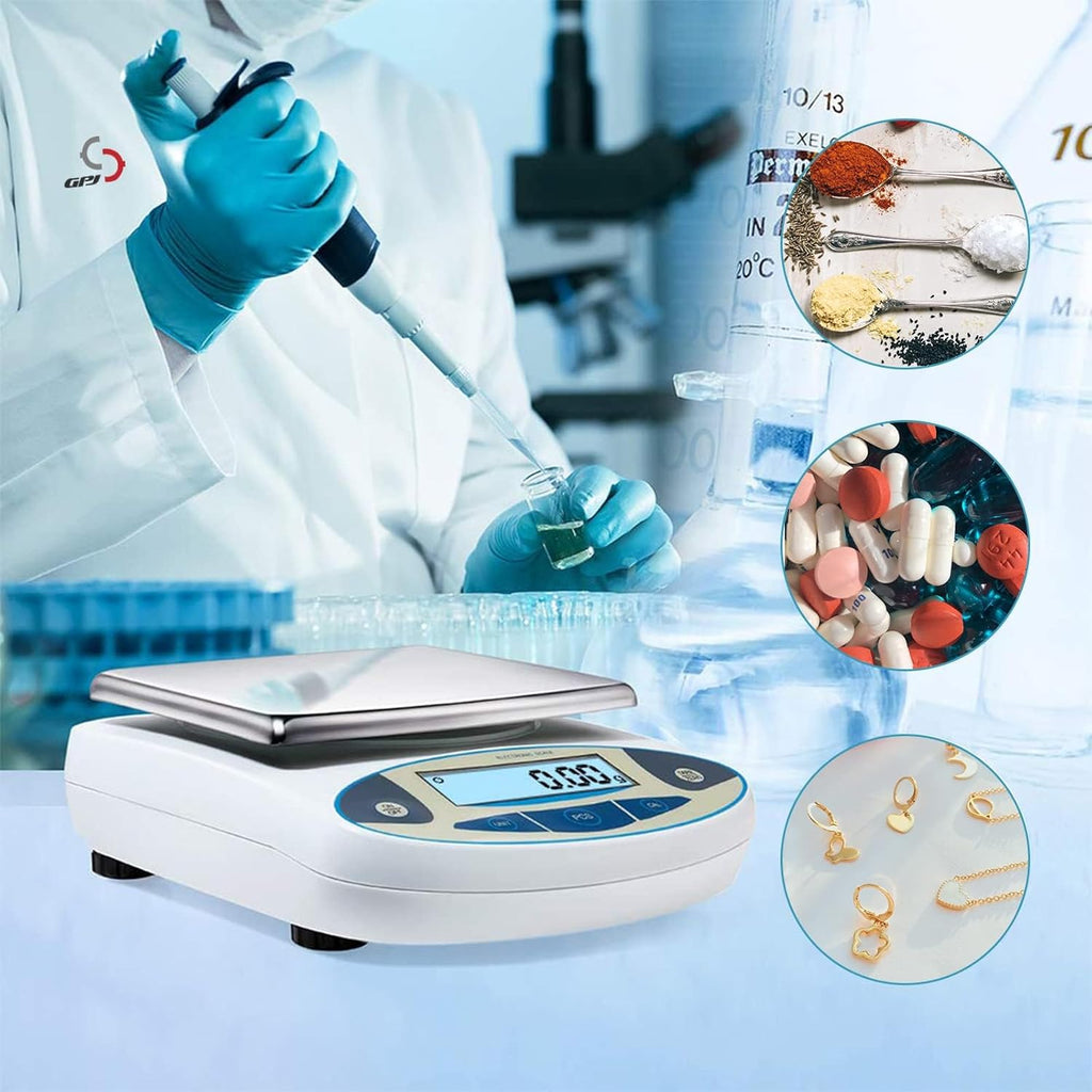 Lab Scale 5000g x 0.01g Accuracy High Precision Electronic Analytical Balance Laboratory Precision Scale Digital Kitchen Balance Scale Jewelry Scale Scientific Scale, 6.7'' Weighing Surface Dp