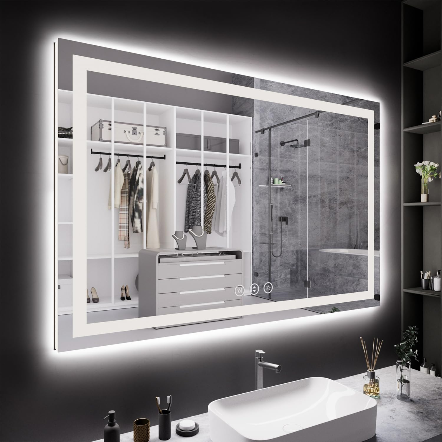 60X40 LED Bathroom Mirror with Lights, Anti-Fog, Backlit + Front Lit, Lighted Bathroom Vanity Mirror for Wall, Memory Function, Dimmable, Tempered Glass, Shatter-Proof