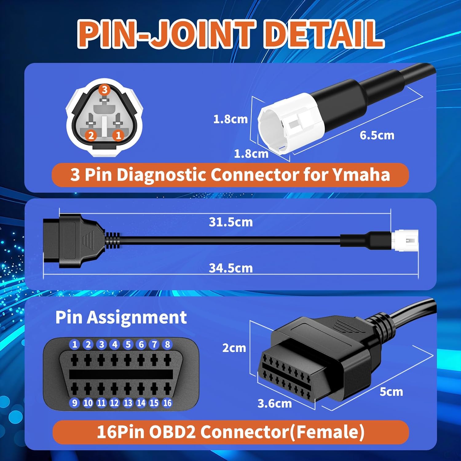 OBD2 Adapter Cable Fits for Yamaha Motorcycles, 3Pin to 16Pin OBD2 Diagnostic Adapter Cable Works with All OBDII Scanner