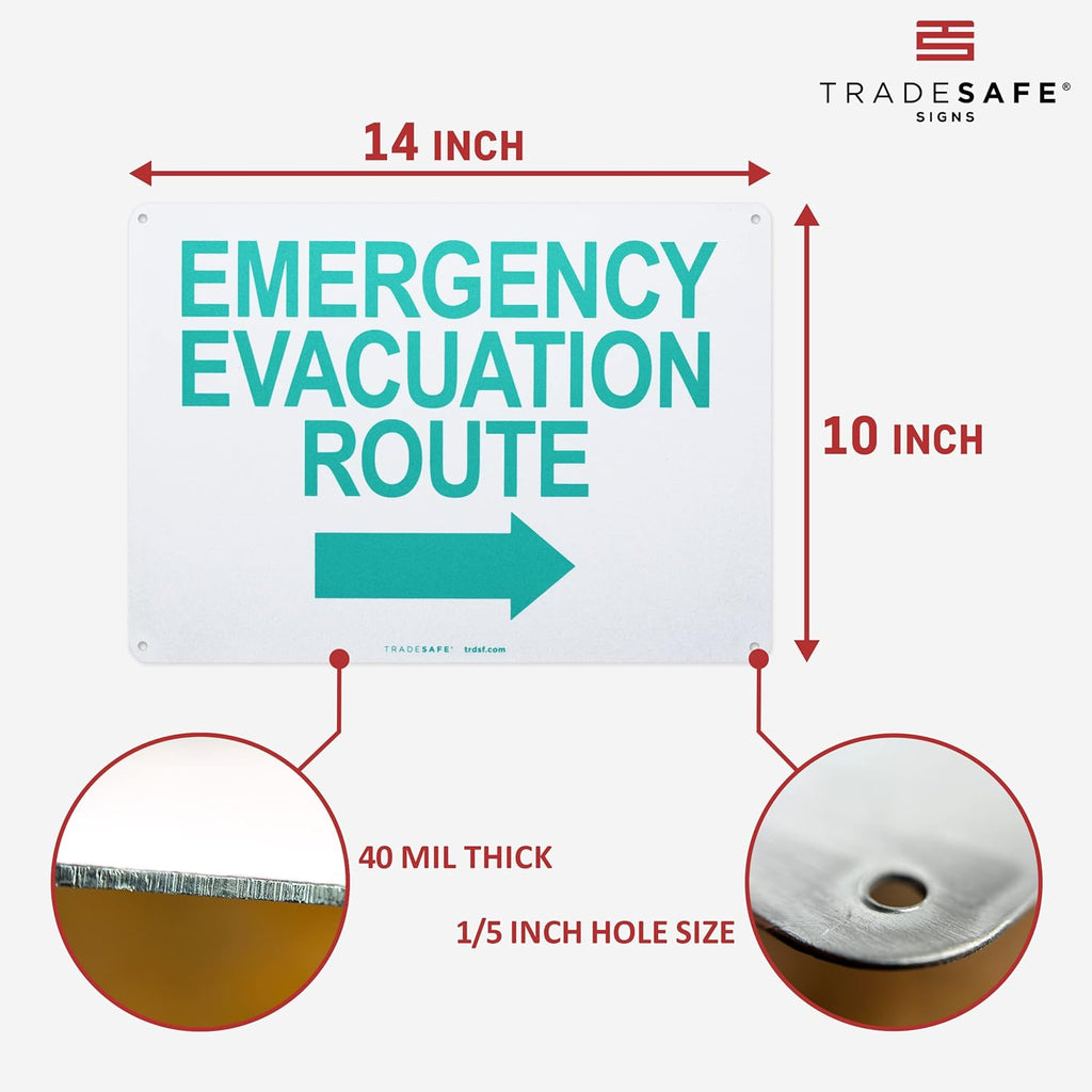 TRADESAFE Emergency Evacuation Route Arrow Right Sign – Wall Signs, Quick Install Aluminum Safety Sign, Light Reflective, UV-Resistant, Waterproof, 14” X 10” Signs for Business
