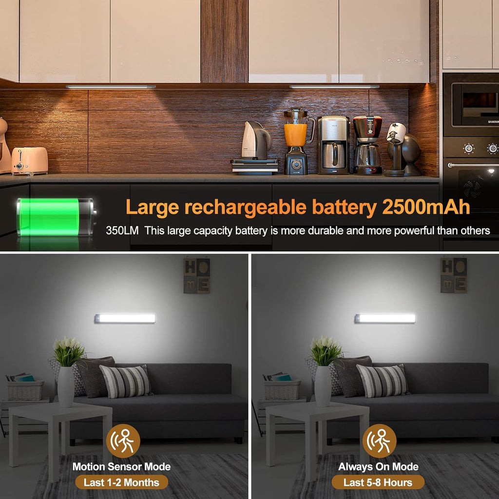 2 Pack 54LED Under Cabinet Lights, 12.5 Inch Wireless Motion Sensor Light with 2200mAh USB-C Rechargeable Battery, Magnetic Mount for Kitchen, Closet & Stairs