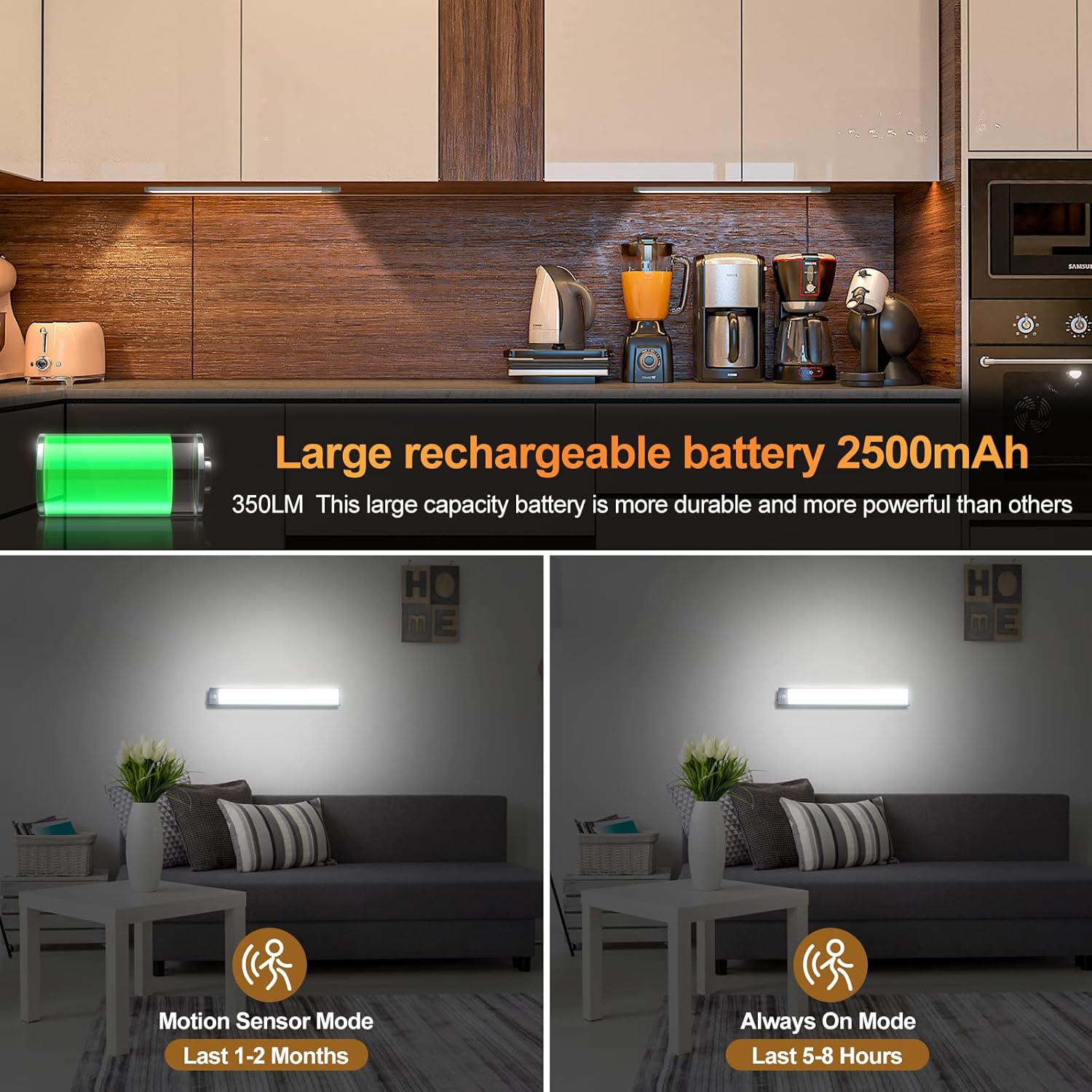 2 Pack 54LED Under Cabinet Lights, 12.5 Inch Wireless Motion Sensor Light with 2200mAh USB-C Rechargeable Battery, Magnetic Mount for Kitchen, Closet & Stairs