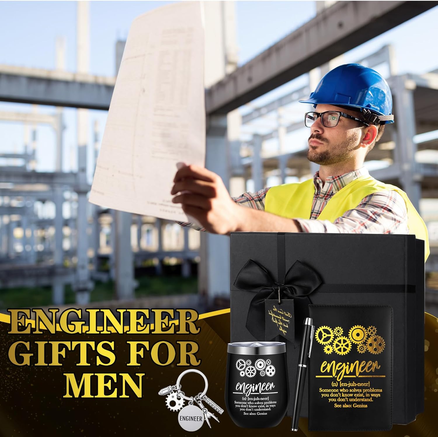6 Pcs Engineer Gifts Set for Men Women Mechanical Engineer Gifts 12 oz Stainless Steel Cup Socks Keychain Pen Notebook Box for Aerospace Engineering Mechanical Electrical