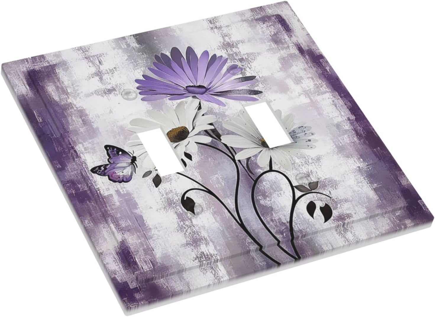 Purple Daisy White Floral Butterfly Flowers 2 Gang Double Toggle Light Switch Cover Decorative Switchplate Electrical Wall Plates Faceplate for Bathroom Bedroom Decor 4.9 X 5 IN