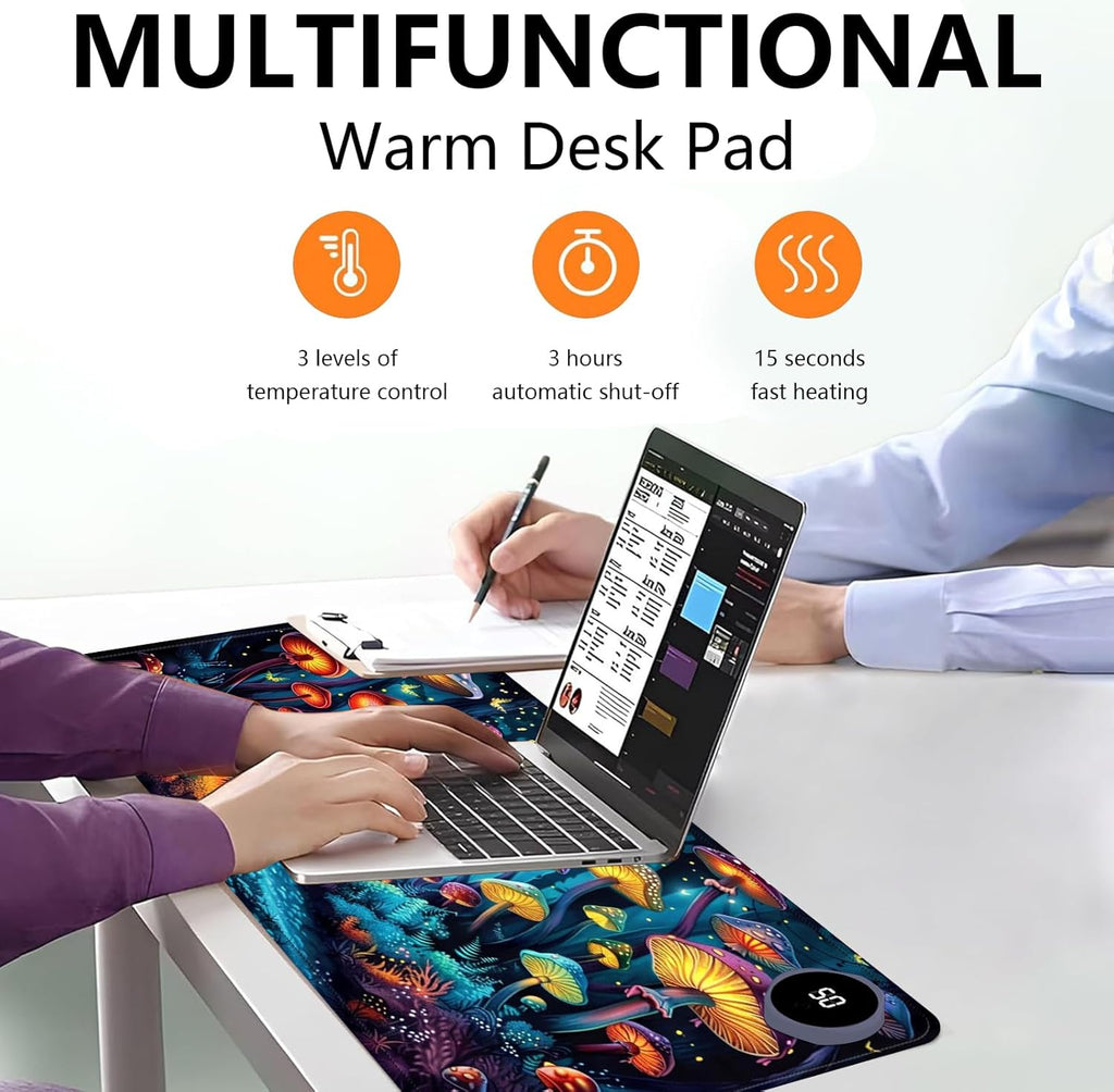 Heated Mouse Pad with 3 Levels Heated & 3 Hours Auto Shut-Off Mouse Pad for Warming Hands in Office Home, 23.6" x 14.2"Large Safe Desk Mat Hand Warmer，Forest Glowing Mushroom