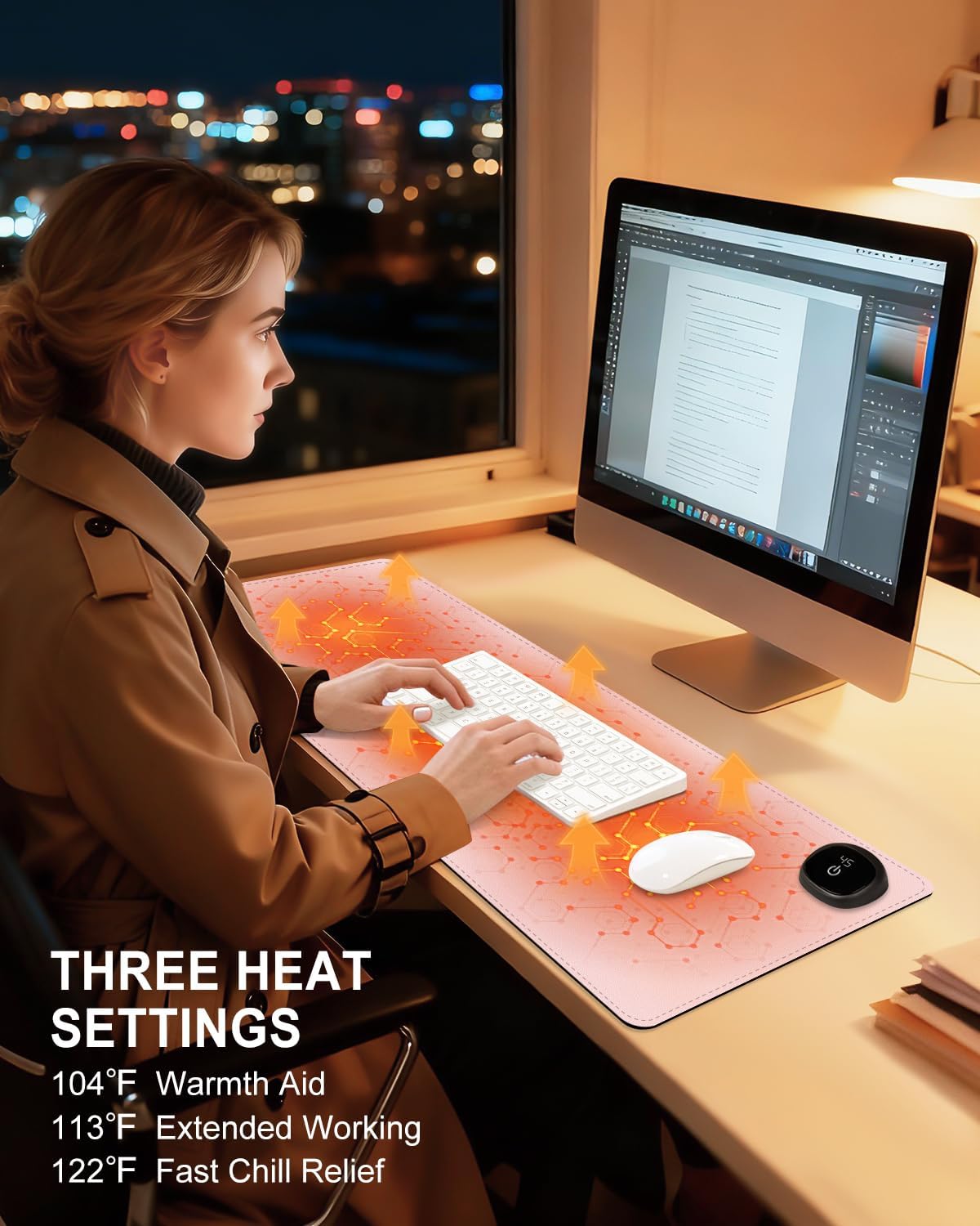 Heated Desk Pad, 31.5" x 13" Leather Non-Slip Warm Desk Pad, Large Mouse Mat with 3 Levels Heating & 3 Hours Auto Shut-Off, Hand and Foot Warmer for Office, Home, Pink