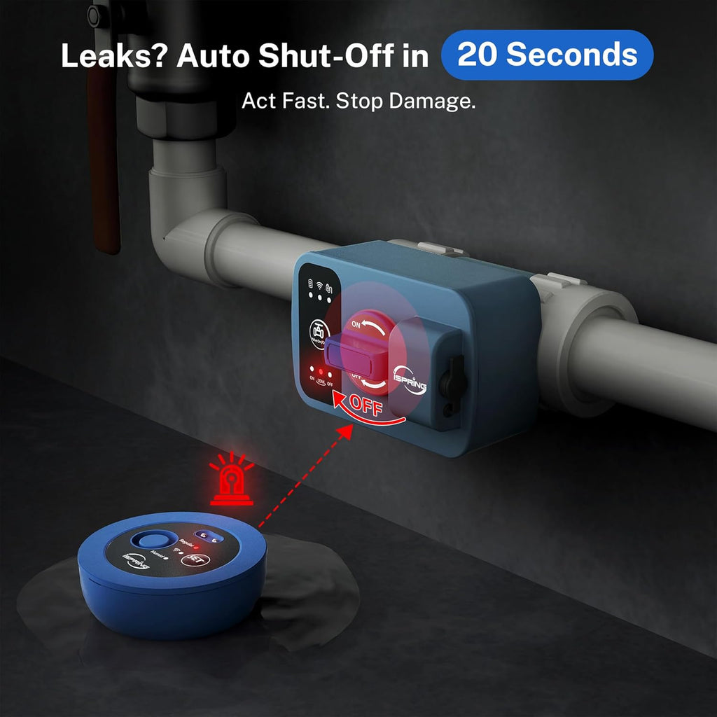 iSpring LS43WL Smart Leak Shut-Off System, Automatic Water Leak Detector with 1 Wired & 1 Wireless Sensor, Whole-Home Water Damage Protection, 1" MNPT + 3/4" FNPT