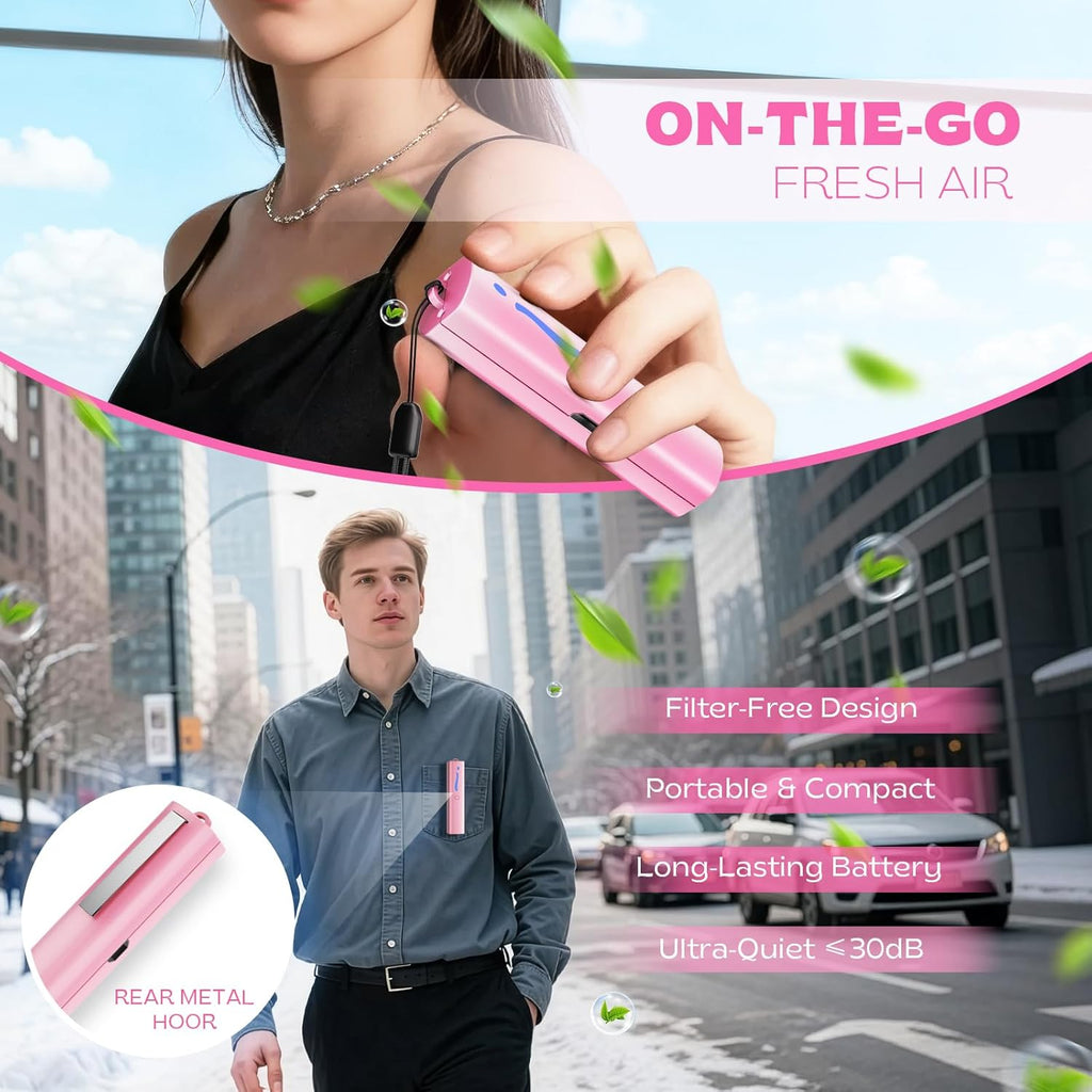 Wearable Mini Air Purifier – F6I Portable Personal Negative Ion Air Ionizer Helps Reduce Pollen, Dust & Odors, USB Rechargeable, Silent, Filter-Free for Home, Office or Travel, Pink