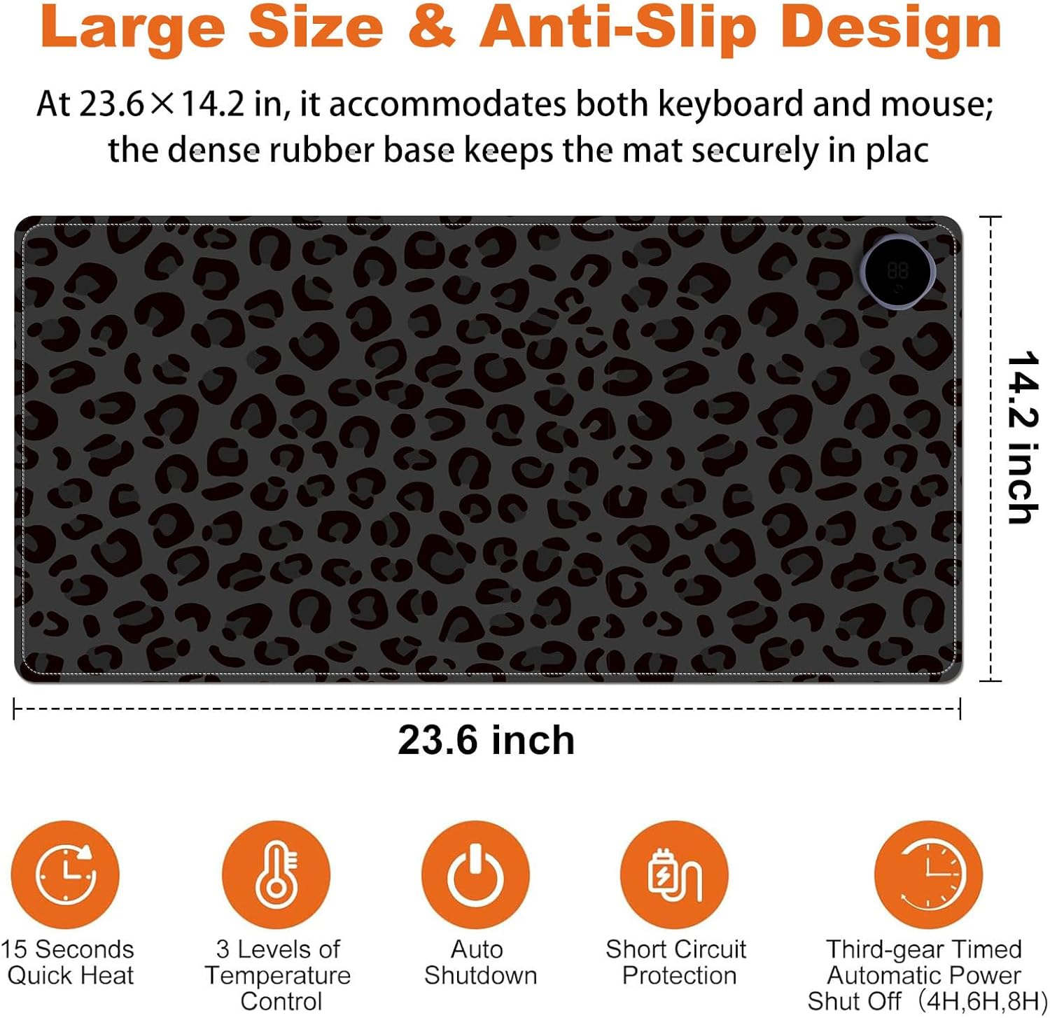 Small Heated Desk Pad 23.6" x 14.2" – Compact Electric Mouse Pad with 3 Heating Levels, Auto Shut-Off, Waterproof PU Surface, Plug-in Warmer for Office or Home Use, Dark Leopard Print