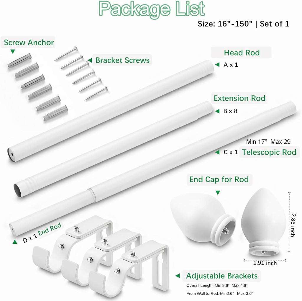 Curtain Rods for Windows 16 to 150 inches, Curtain Rod Max Adjustable Length to 158 in, Drapery Rod 1 inch Diameter with Modern Knobs Finials (White, 16" to 150" - Set of 1)